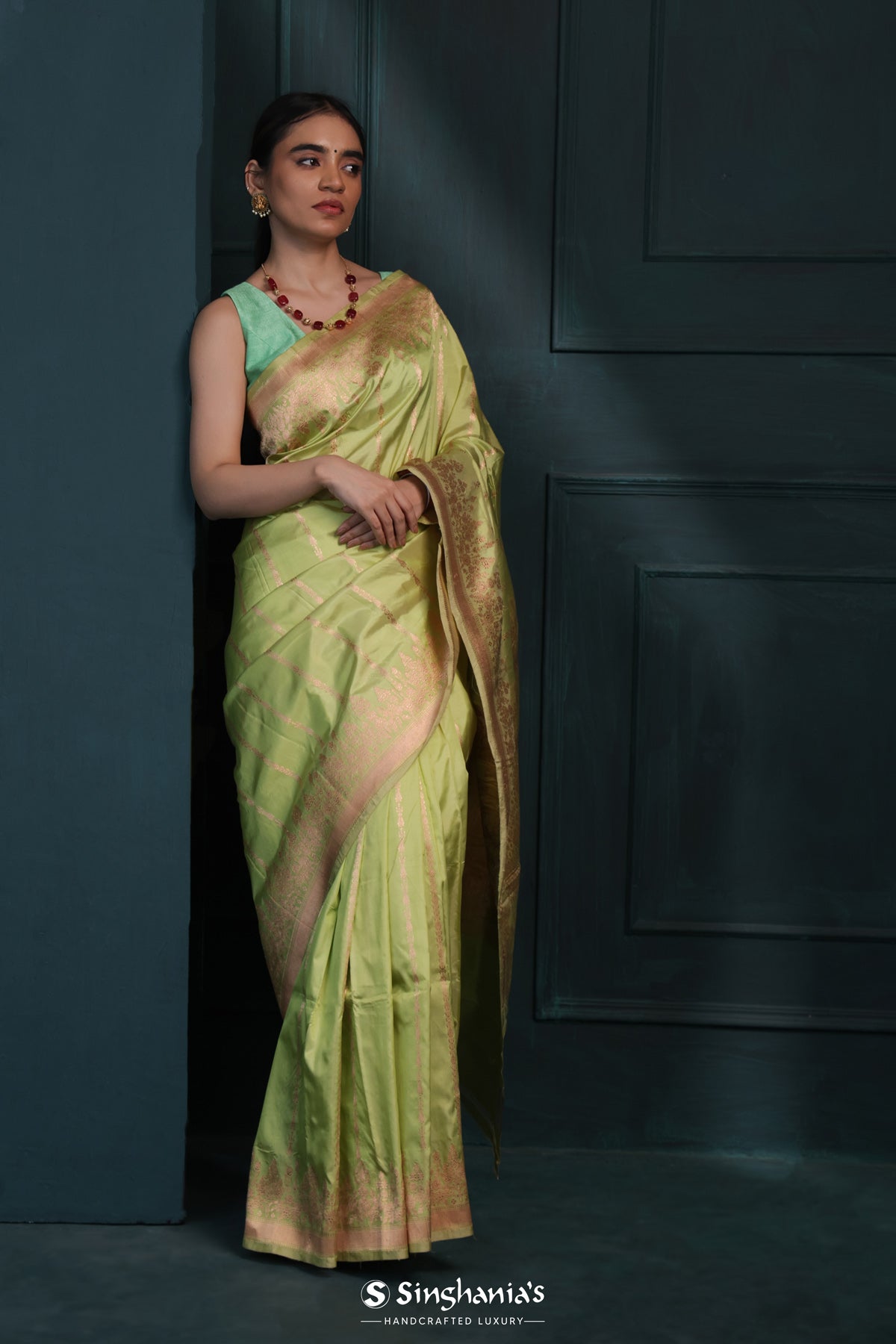 Kiwi Green Banarasi Silk Saree With Floral Stripes Weaving