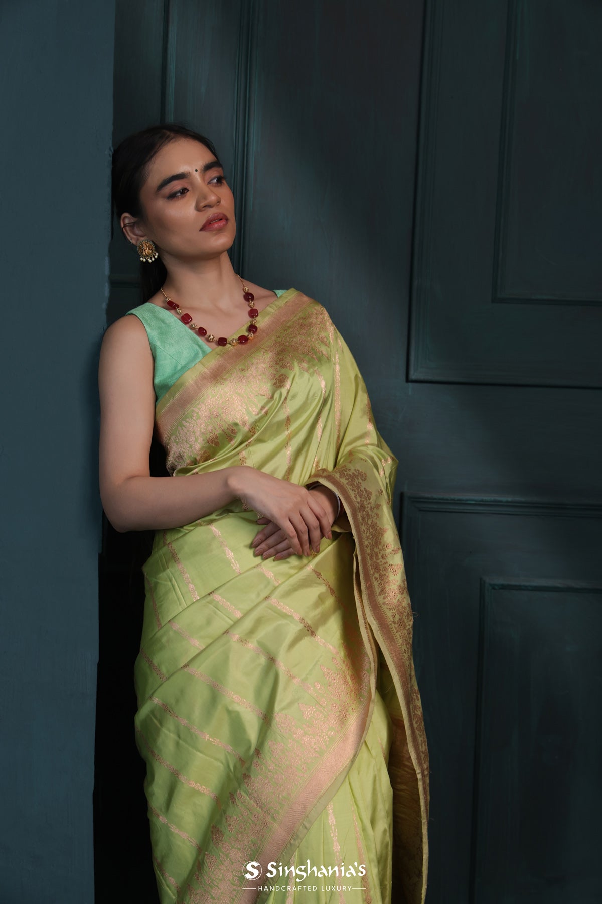 Kiwi Green Banarasi Silk Saree With Floral Stripes Weaving