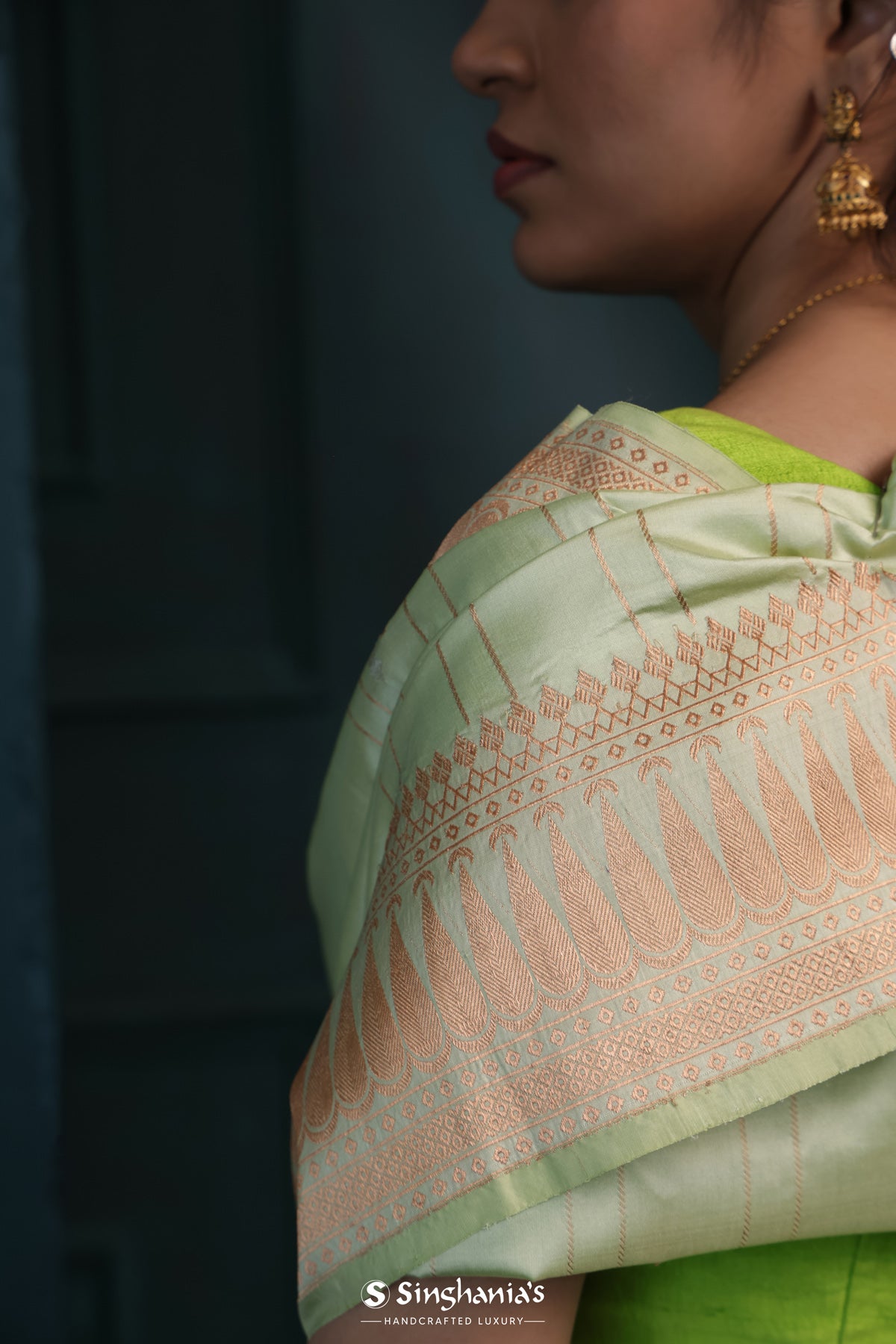 Nyanza Green Banarasi Silk Saree With Floral-Stripes Weaving