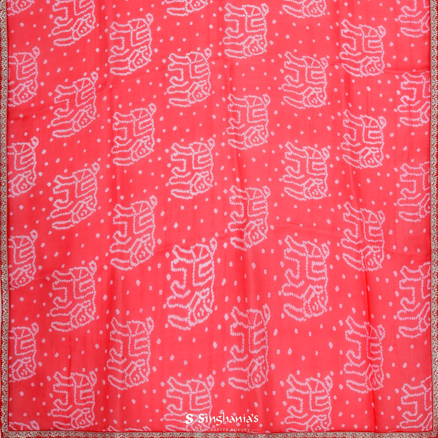 Reddish Orange Organza Saree With Bandhani Pattern