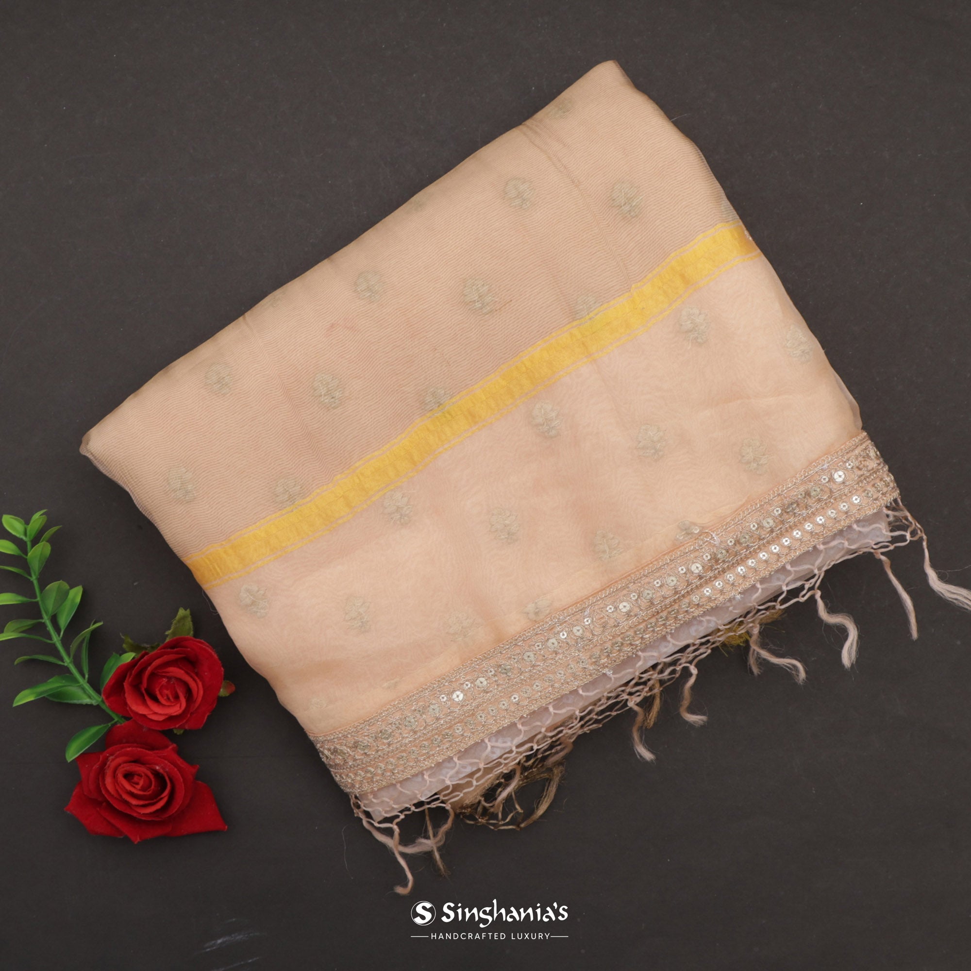 Gold Pink Printed Bandhani Organza Saree With Abstract Pattern
