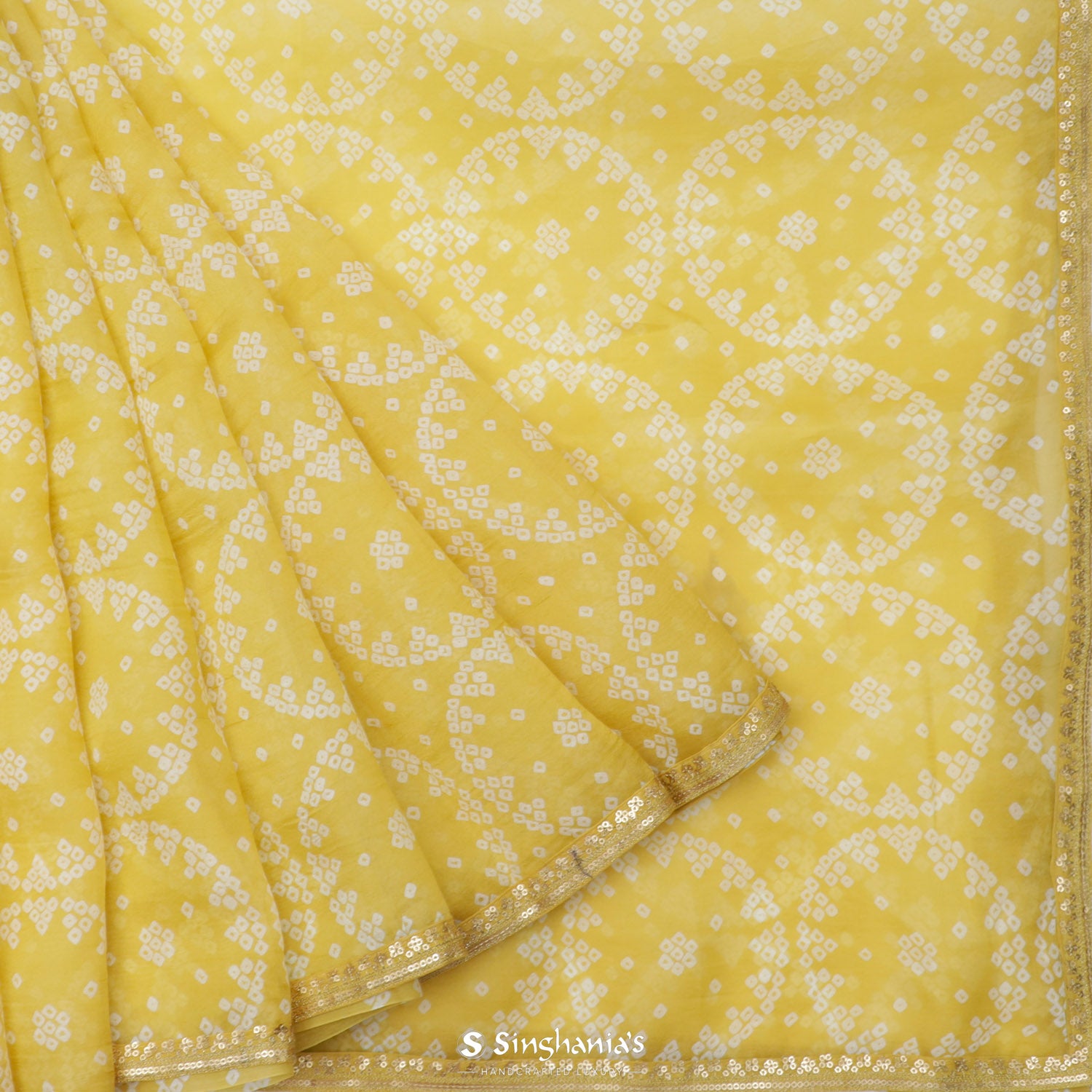 Laguna Yellow Organza Saree With Bandhani Pattern