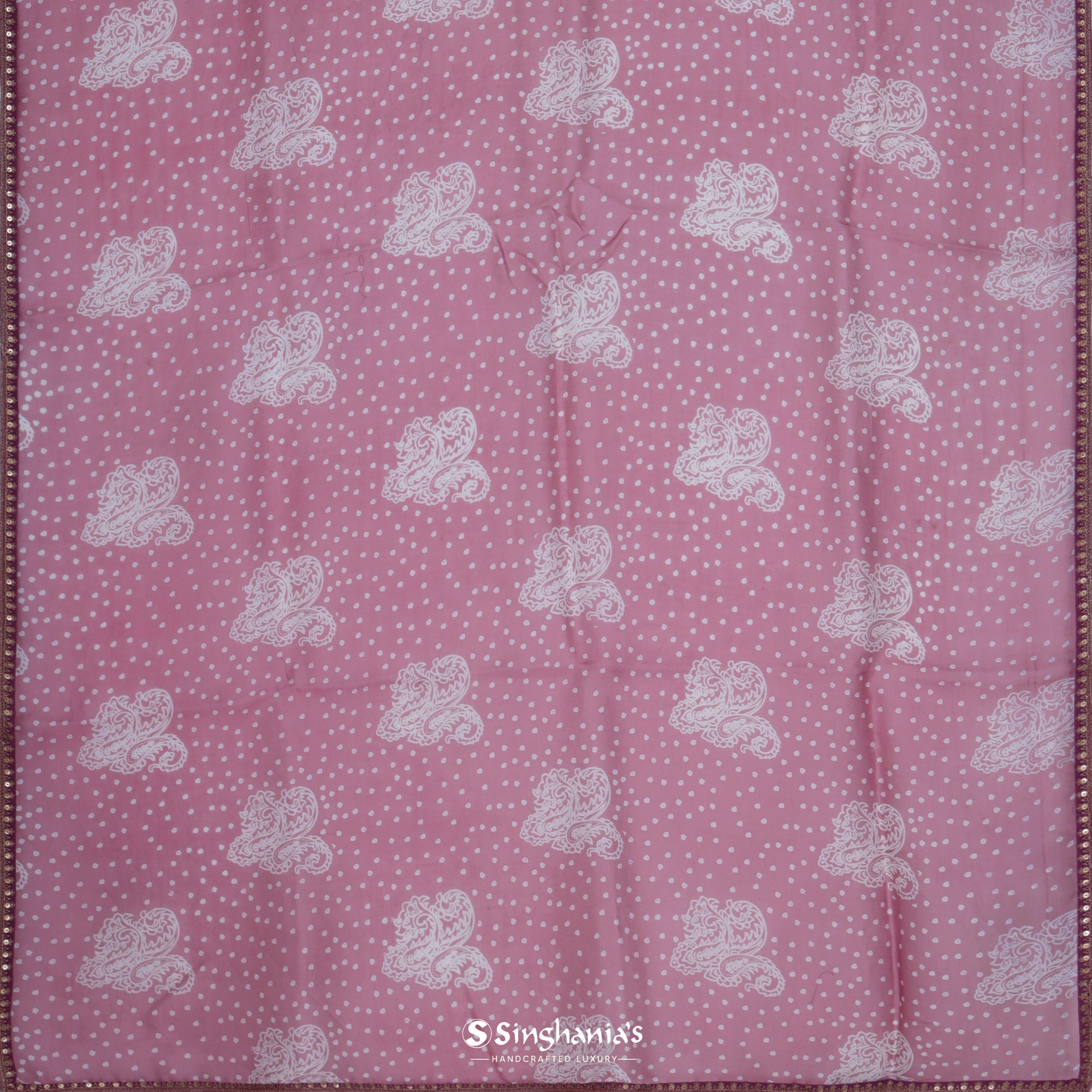 Old Rose Pink Printed Bandhani Organza Saree With Paisley-Butti Pattern