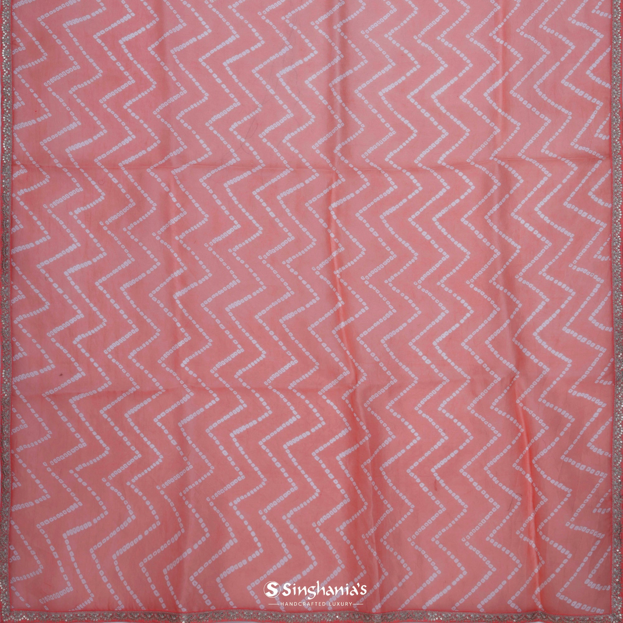 Salmon Orange Printed Bandhani Organza Saree With Chevron Pattern