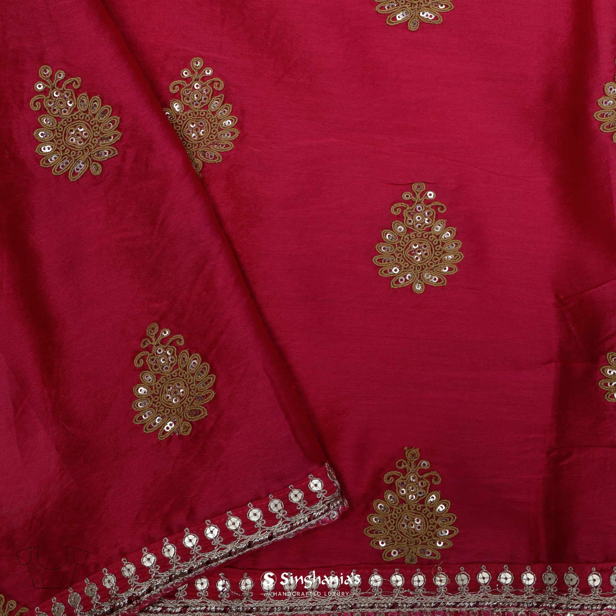 Raspberry Red Printed Bandhani Organza Saree With Butti Pattern