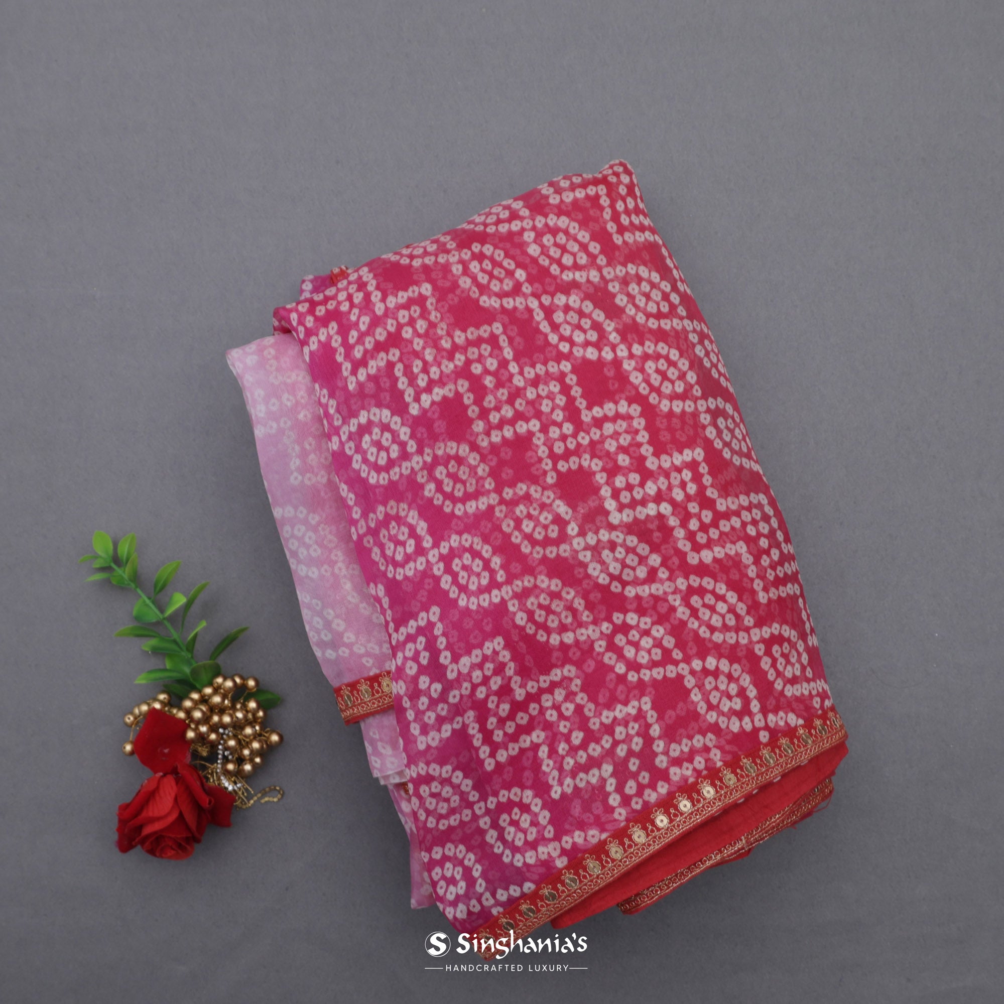 Red Pink Printed Bandhani Organza Saree With Abstract Pattern