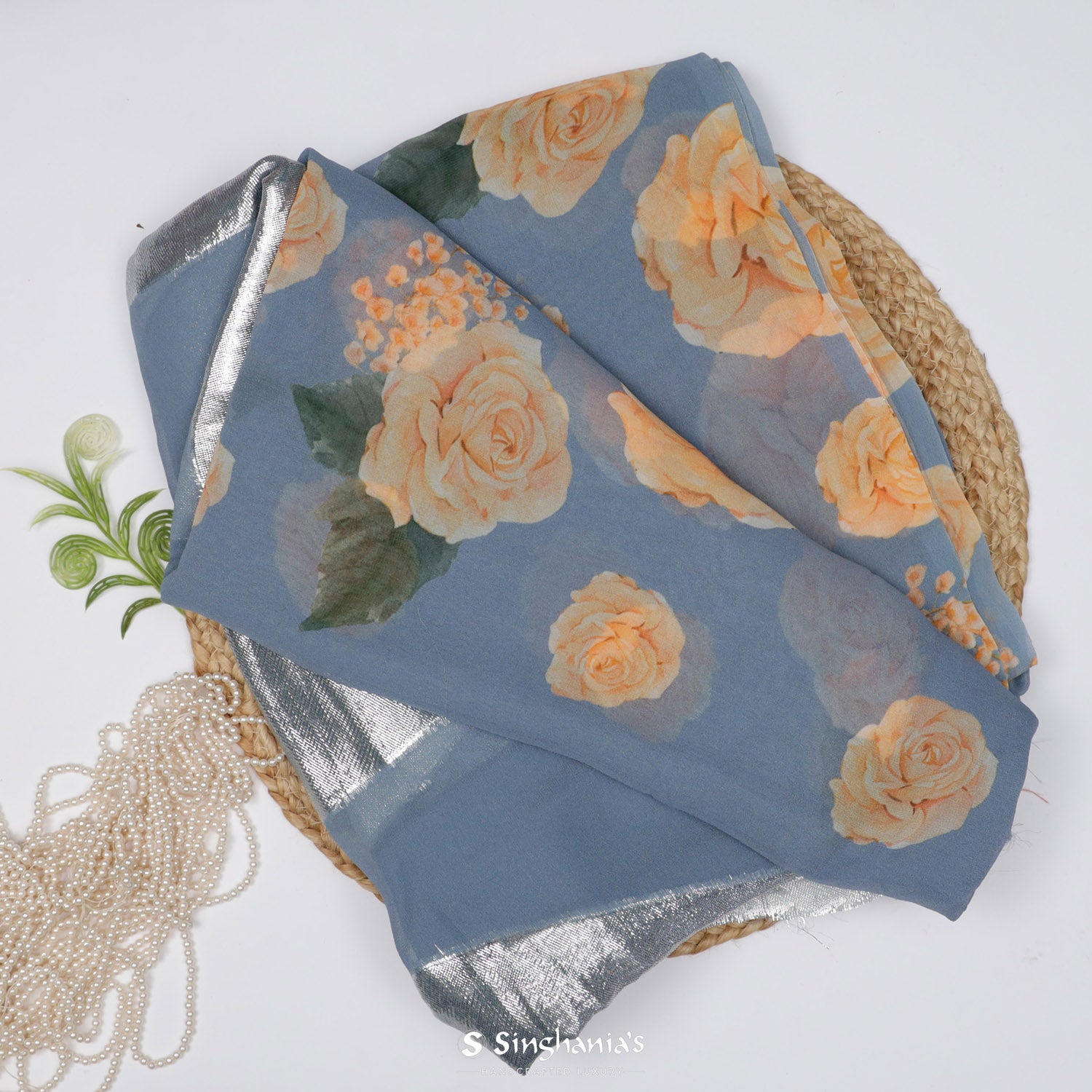 Blue Gray Printed Georgette Saree With Floral Pattern And Has Mango Zari Butta
