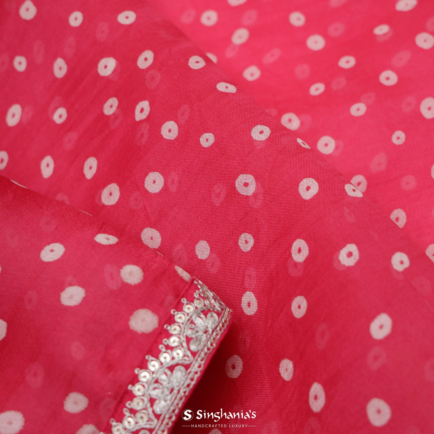 Amaranth Pink Organza Saree With Bandhani Pattern