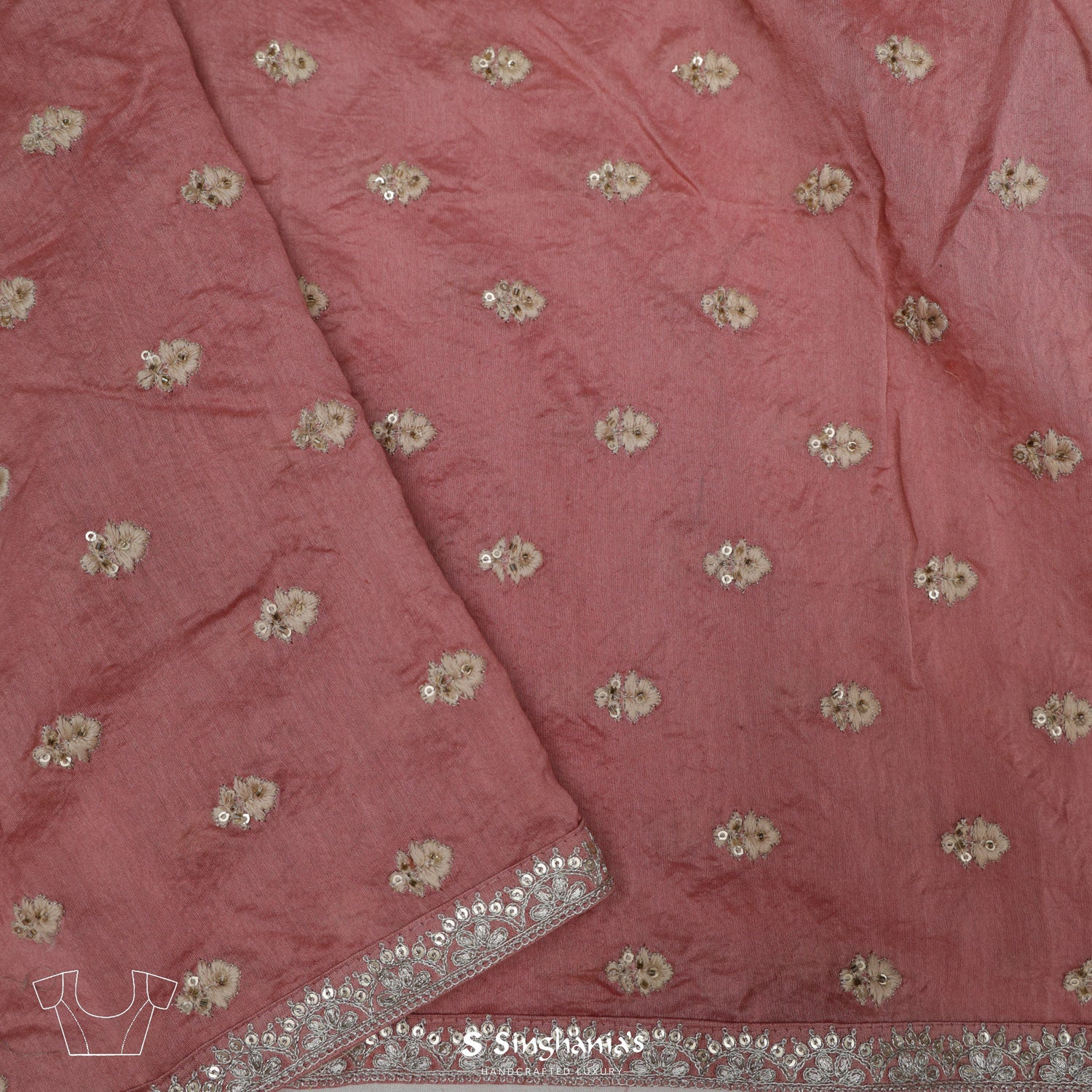 Strawberry Pink Organza Saree With Bandhani And Floral Pattern