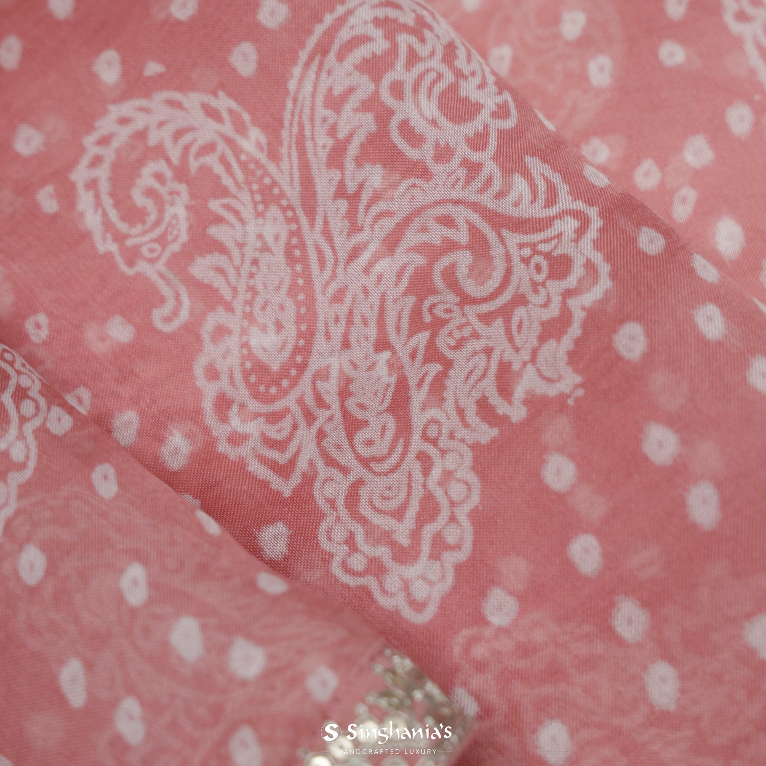 Strawberry Pink Organza Saree With Bandhani And Floral Pattern