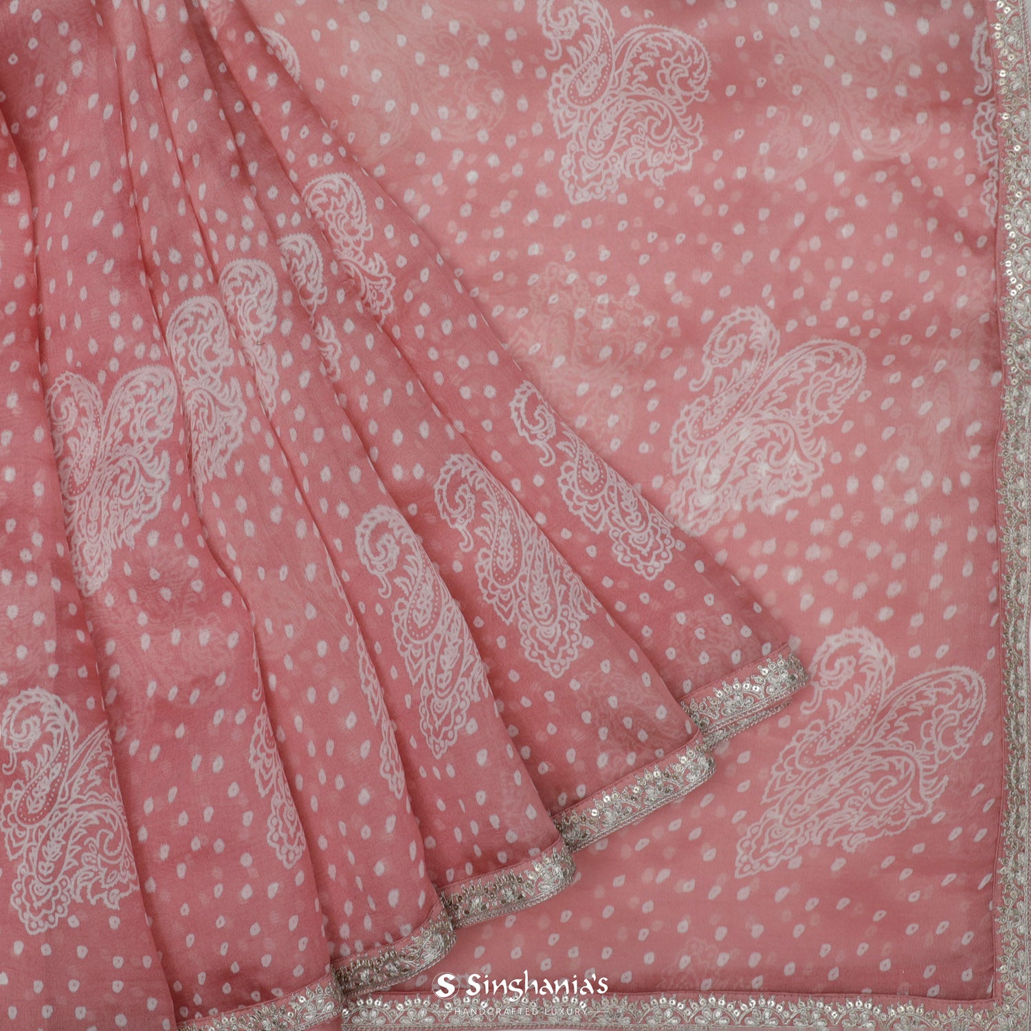 Strawberry Pink Organza Saree With Bandhani And Floral Pattern