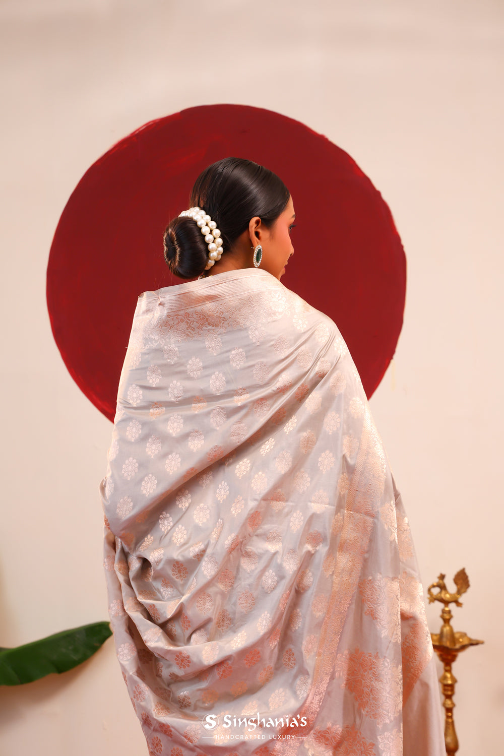 Platinum Grey Banarasi Silk Saree With Floral Butti