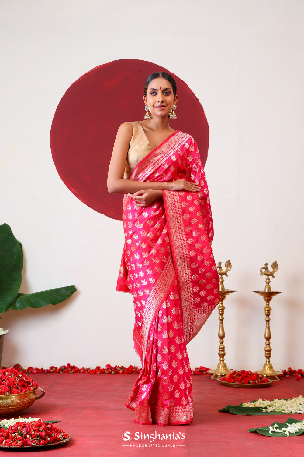 Rani Pink Banarasi Silk Saree With Gold Zari Butti