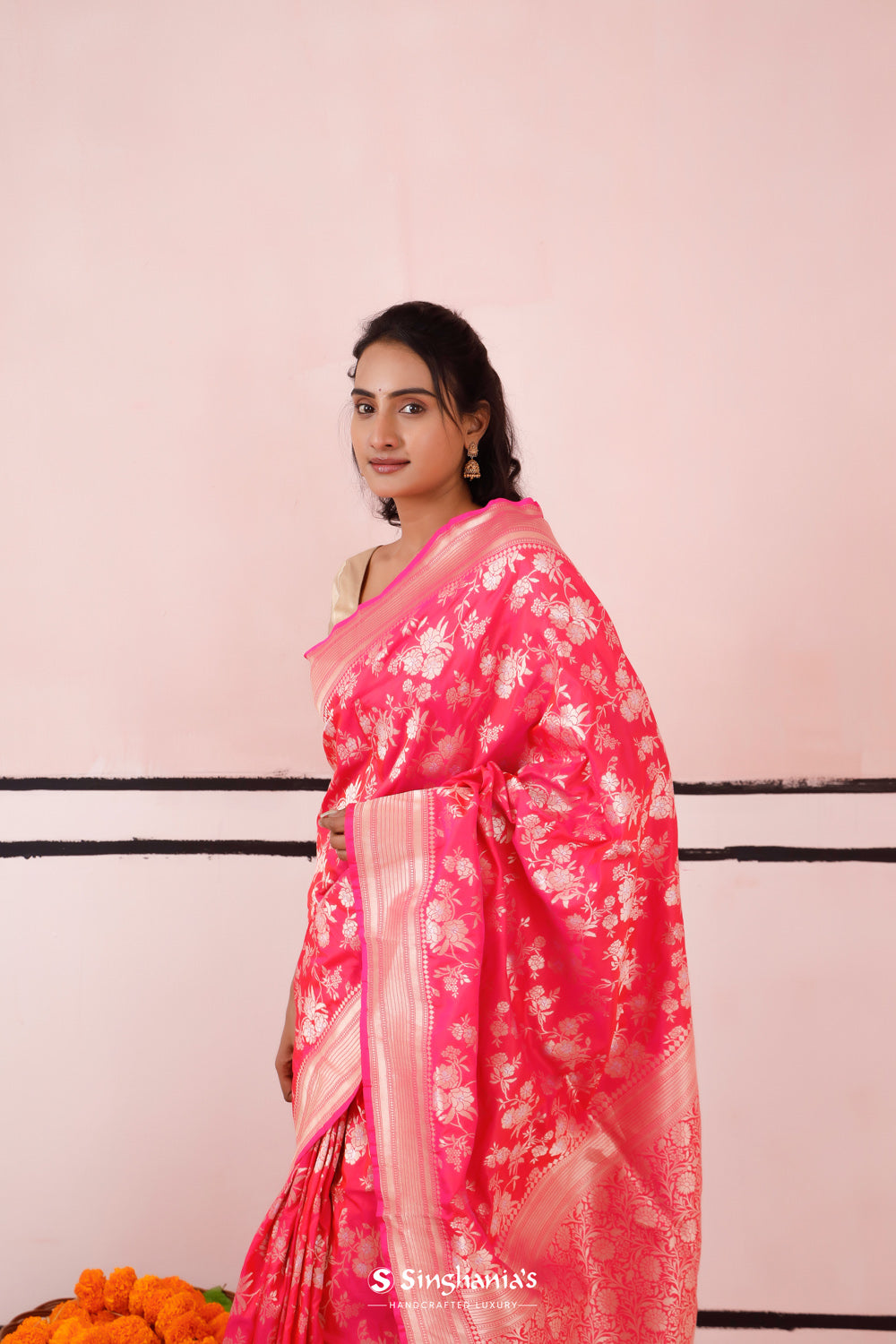 Hot Pink Banarasi Silk Saree With Floral Jaal Weaving