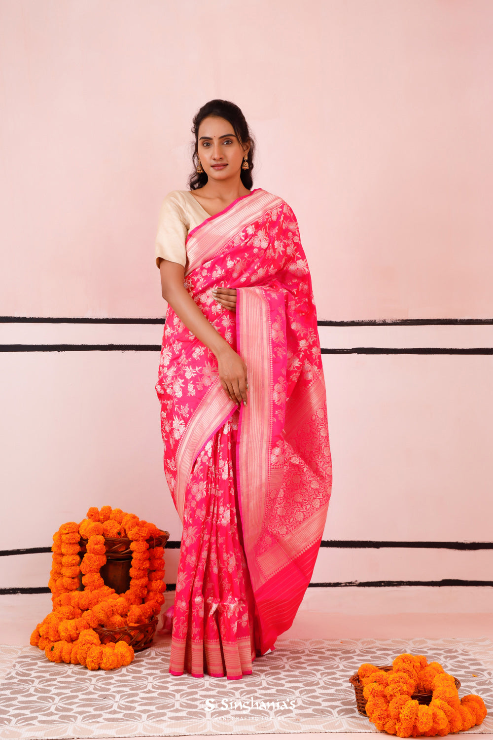 Hot Pink Banarasi Silk Saree With Floral Jaal Weaving