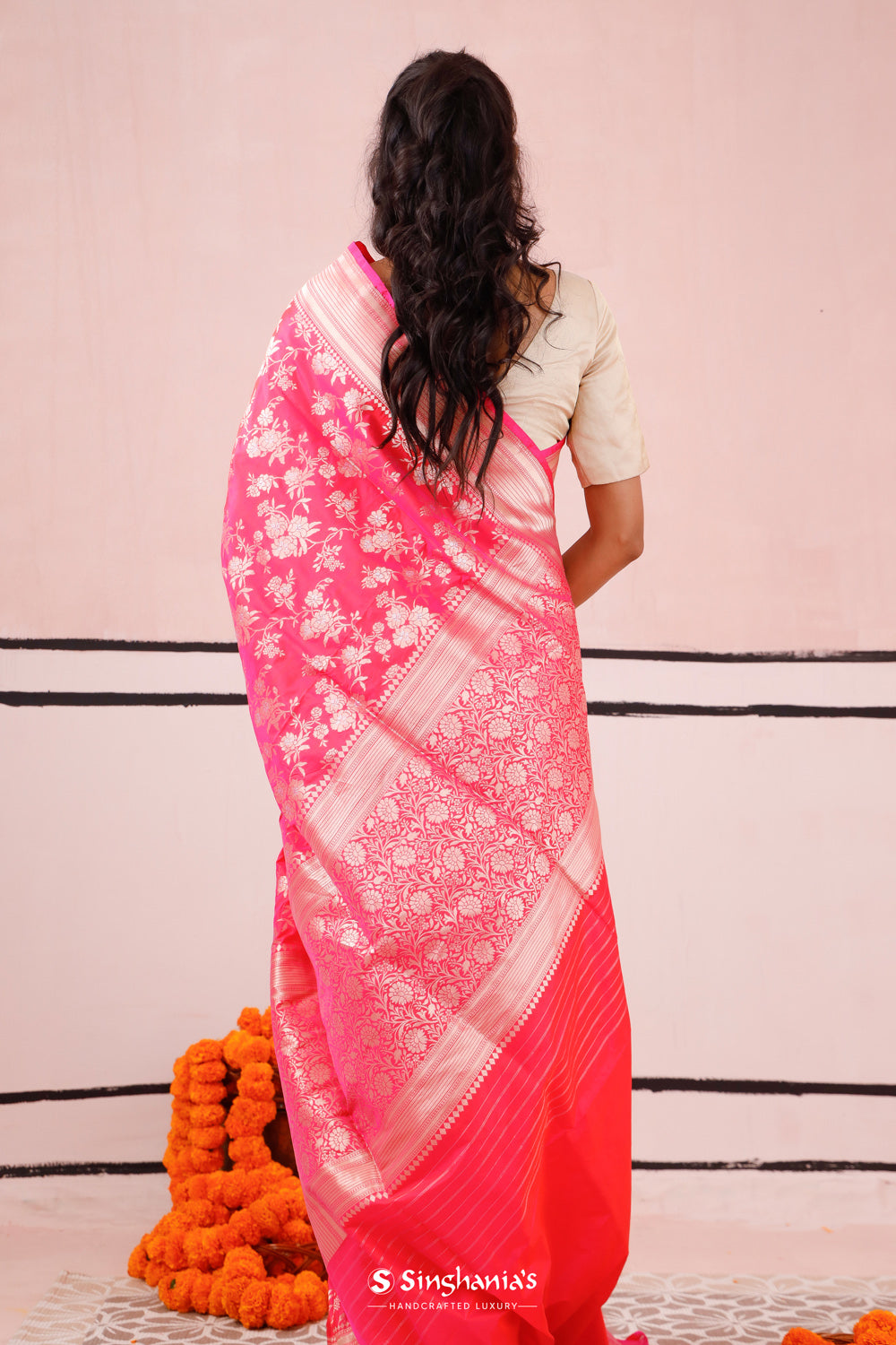 Hot Pink Banarasi Silk Saree With Floral Jaal Weaving