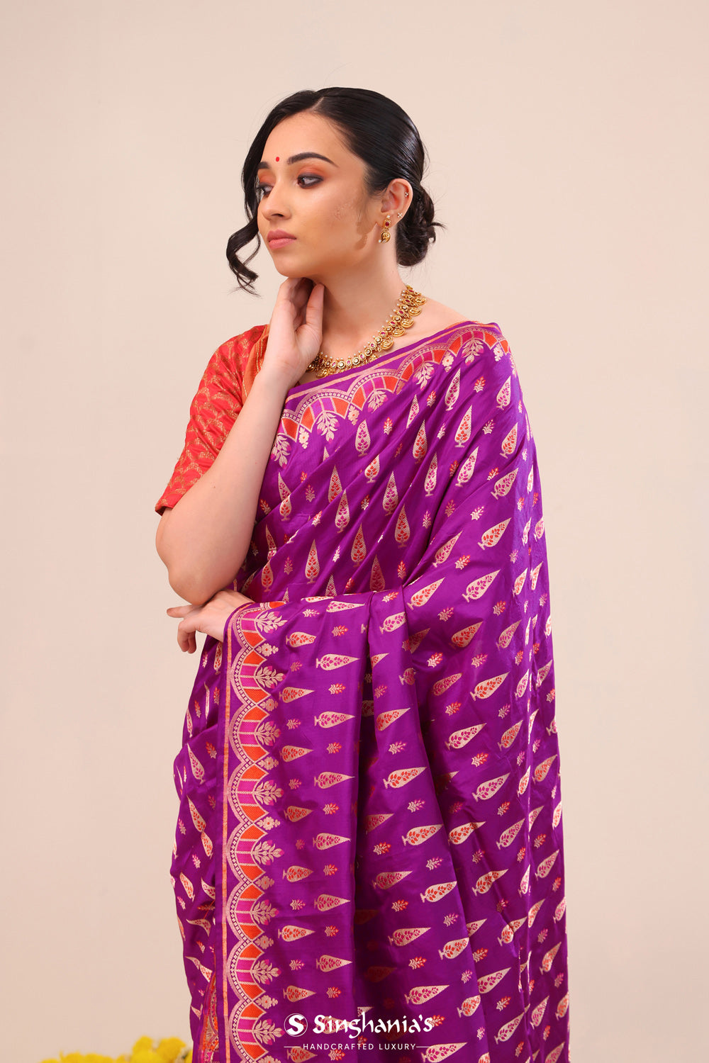 Deep Magenta Flora Banarasi Silk Saree