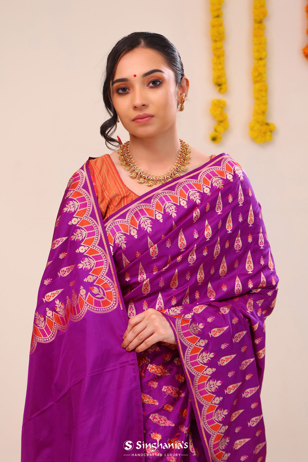 Deep Magenta Flora Banarasi Silk Saree