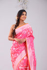 Pink Orange Dual-Tone Banarasi Silk Saree With Floral-Peacock Work