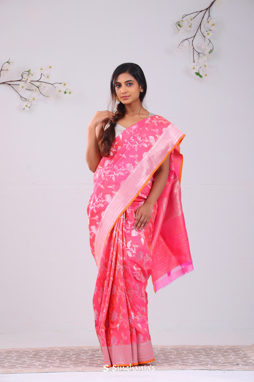 Pink Orange Dual-Tone Banarasi Silk Saree With Floral-Peacock Work