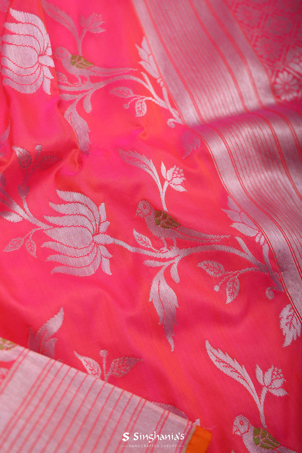 Pink Orange Dual-Tone Banarasi Silk Saree With Floral-Peacock Work