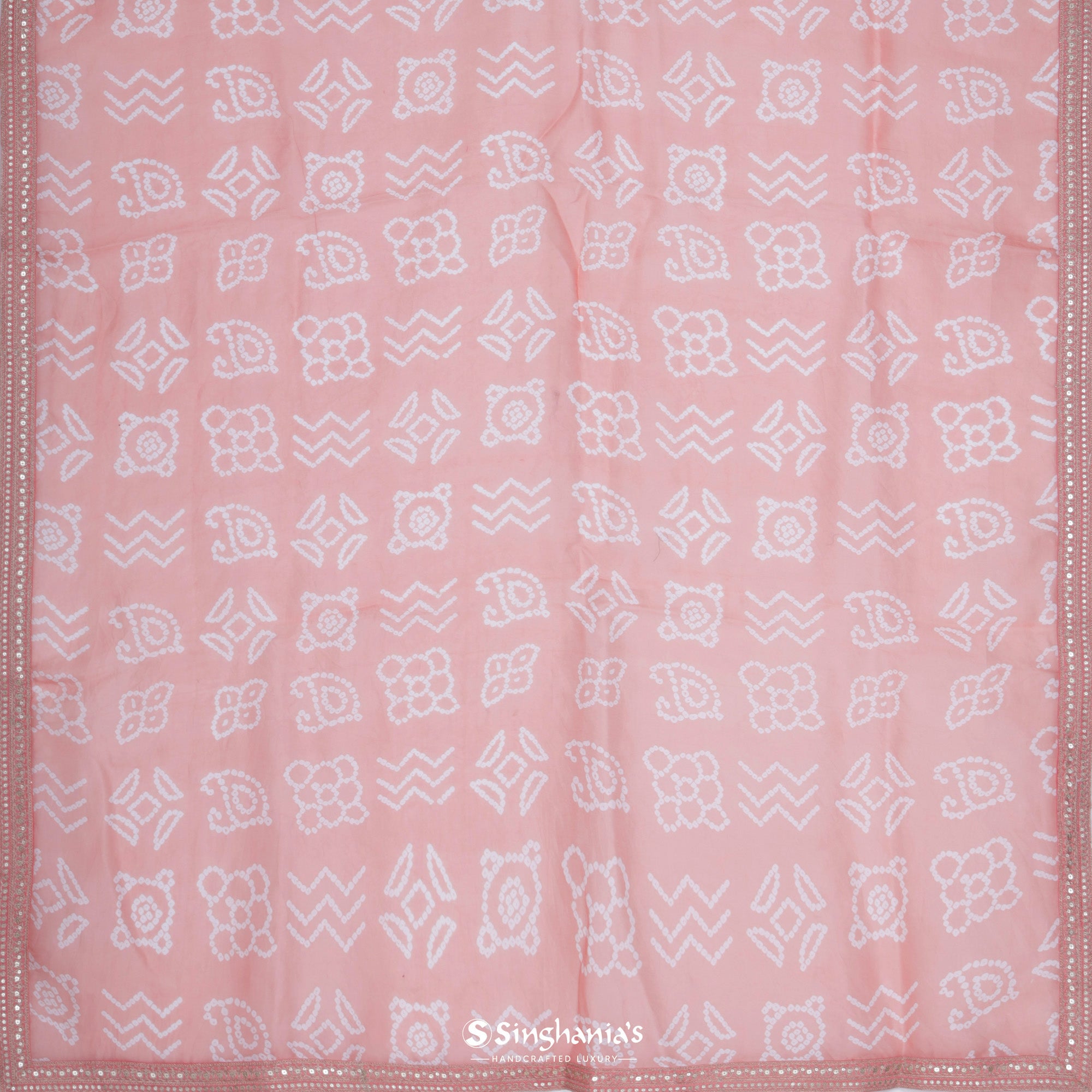 Blushing Peach Printed Organza Saree With Bandhani Motifs