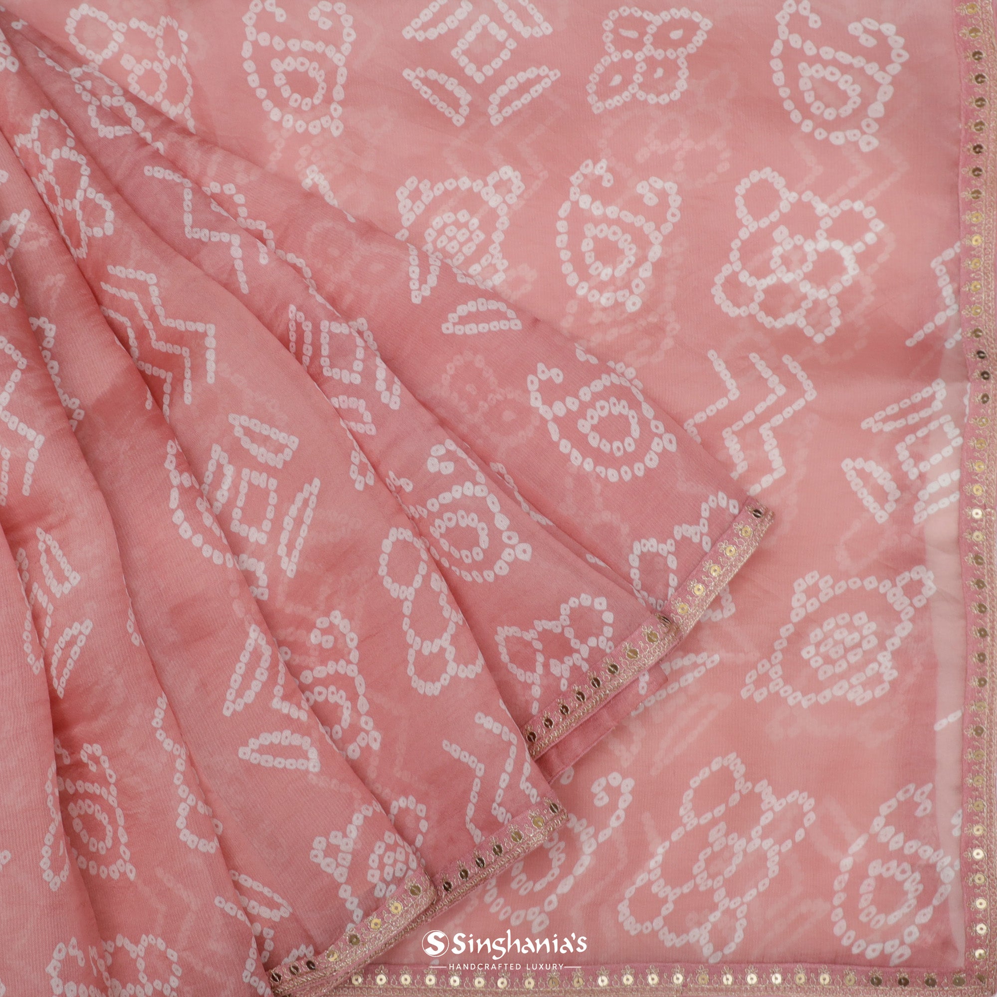 Blushing Peach Printed Organza Saree With Bandhani Motifs