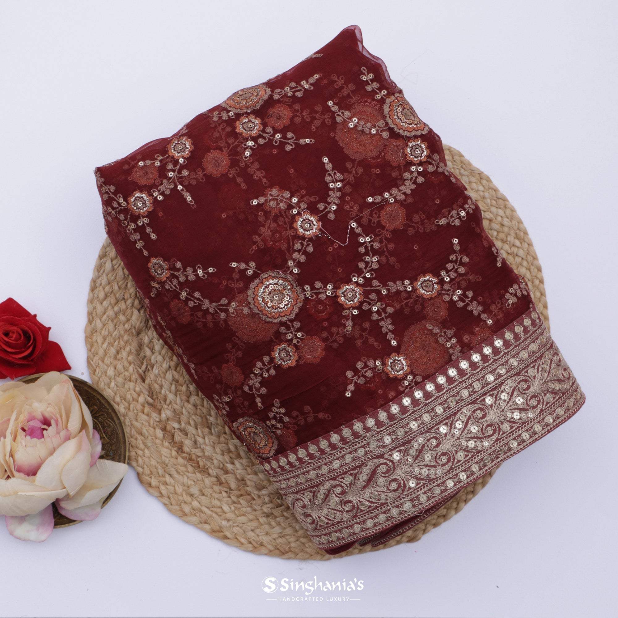 Chocolate Cosmos Red Organza Saree With Floral Embroidery