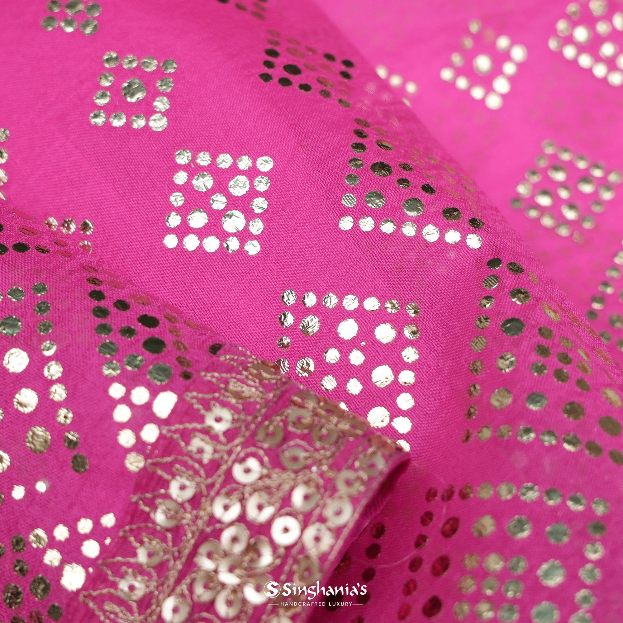 Rose Pink Printed Organza Saree With Mukaish Pattern