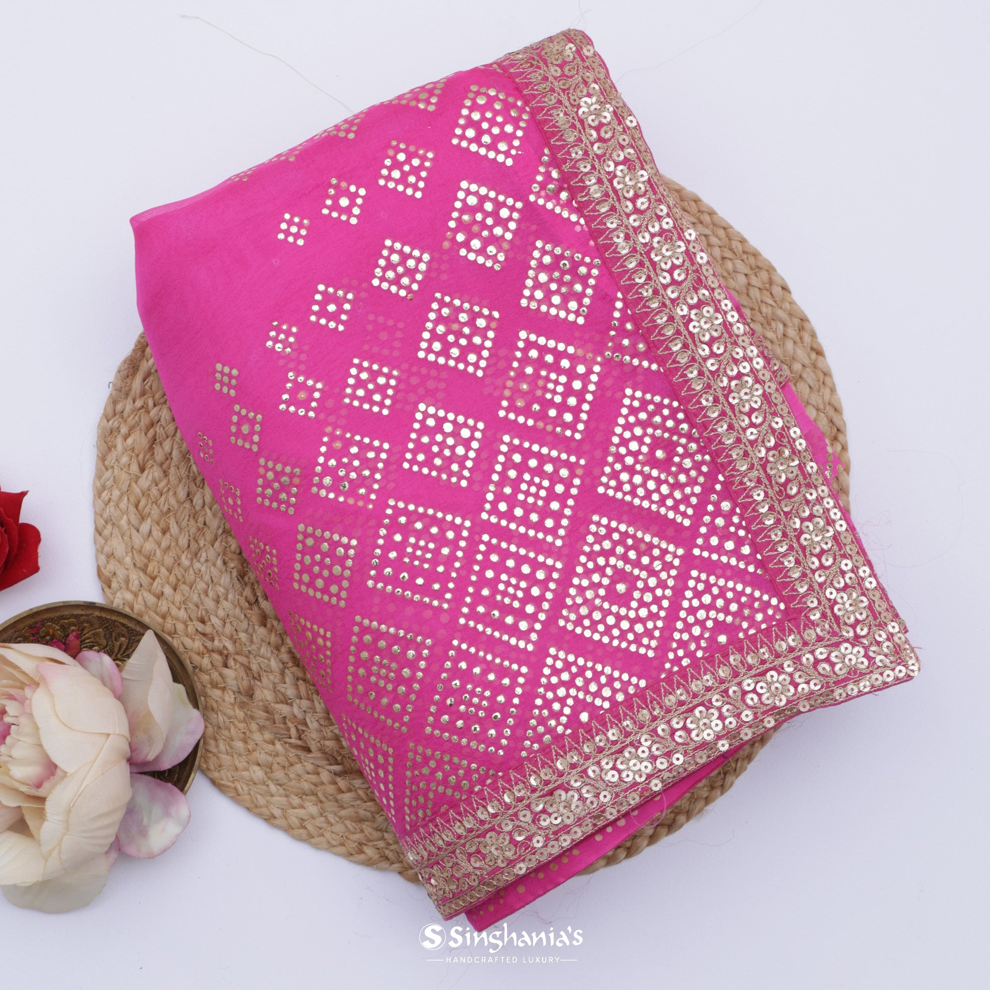 Rose Pink Printed Organza Saree With Mukaish Pattern