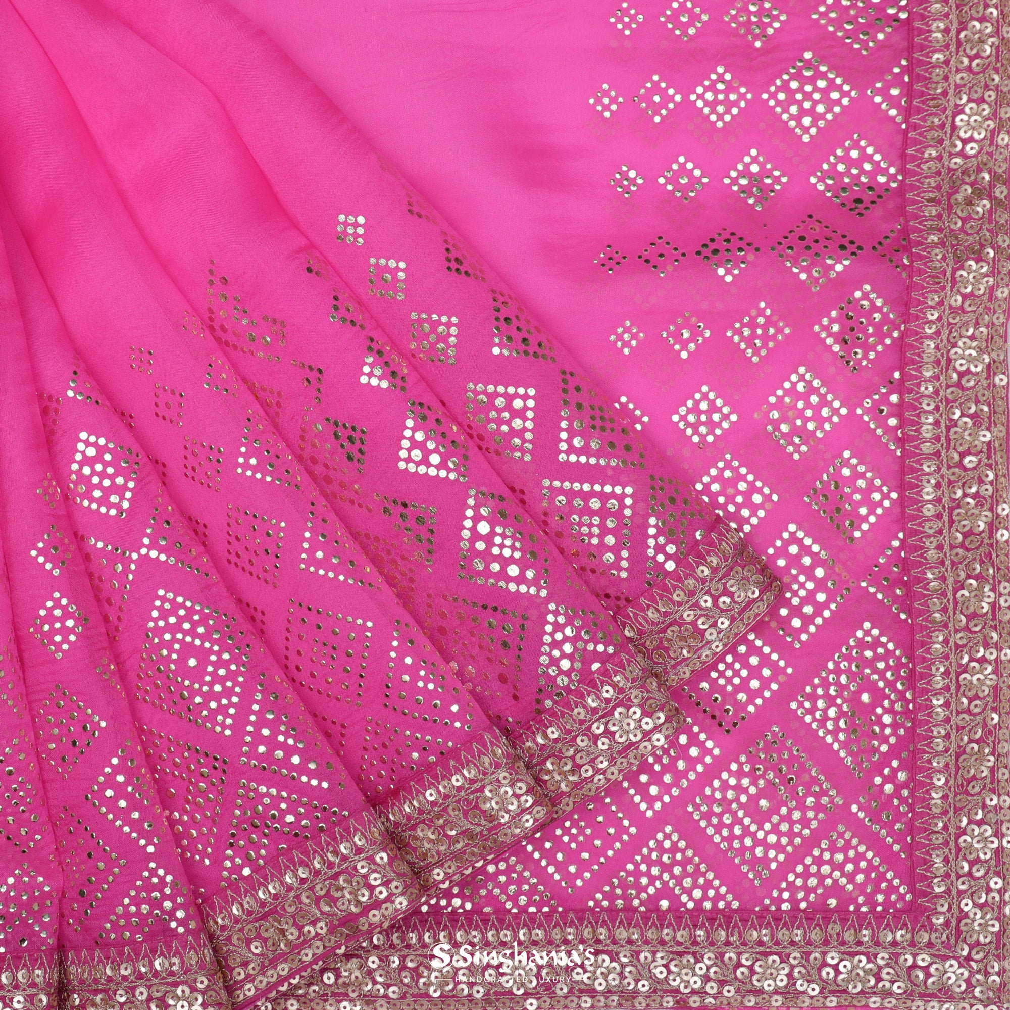 Rose Pink Printed Organza Saree With Mukaish Pattern