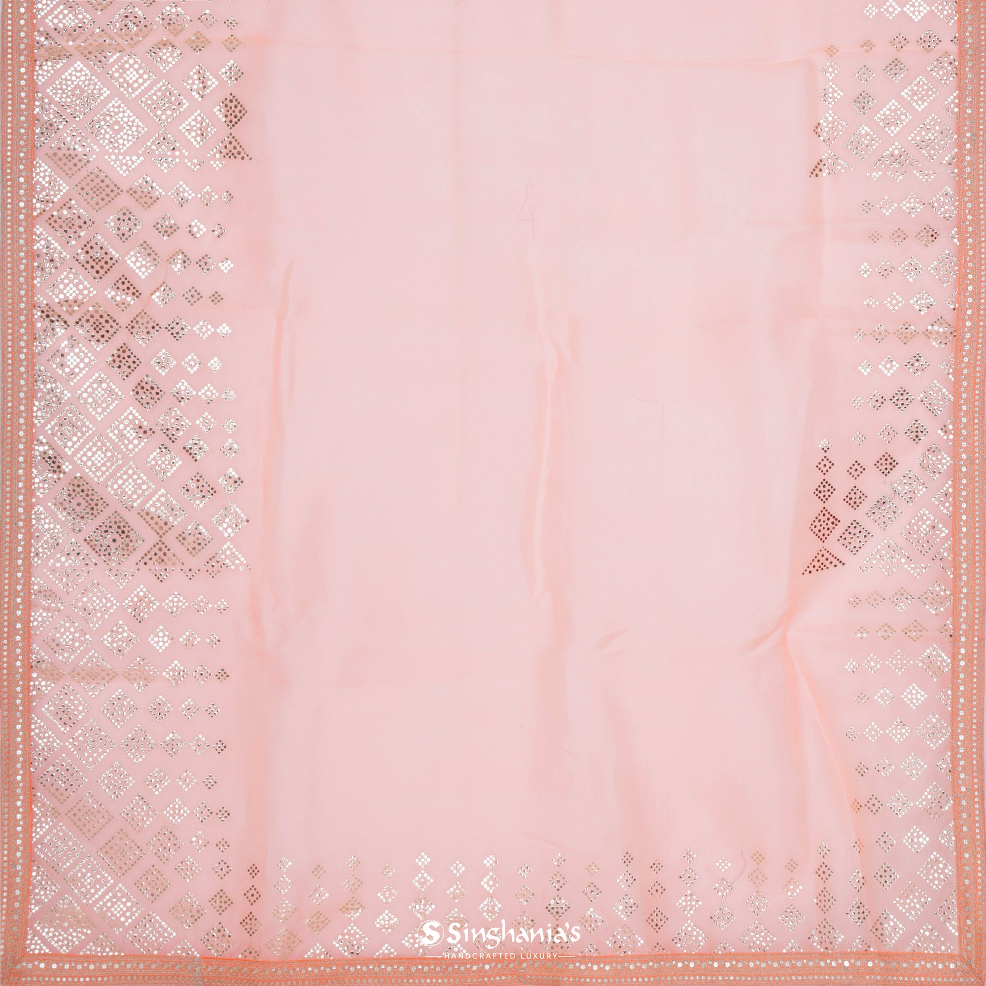 Pastel Peach Printed Organza Saree With Mukaish Pattern