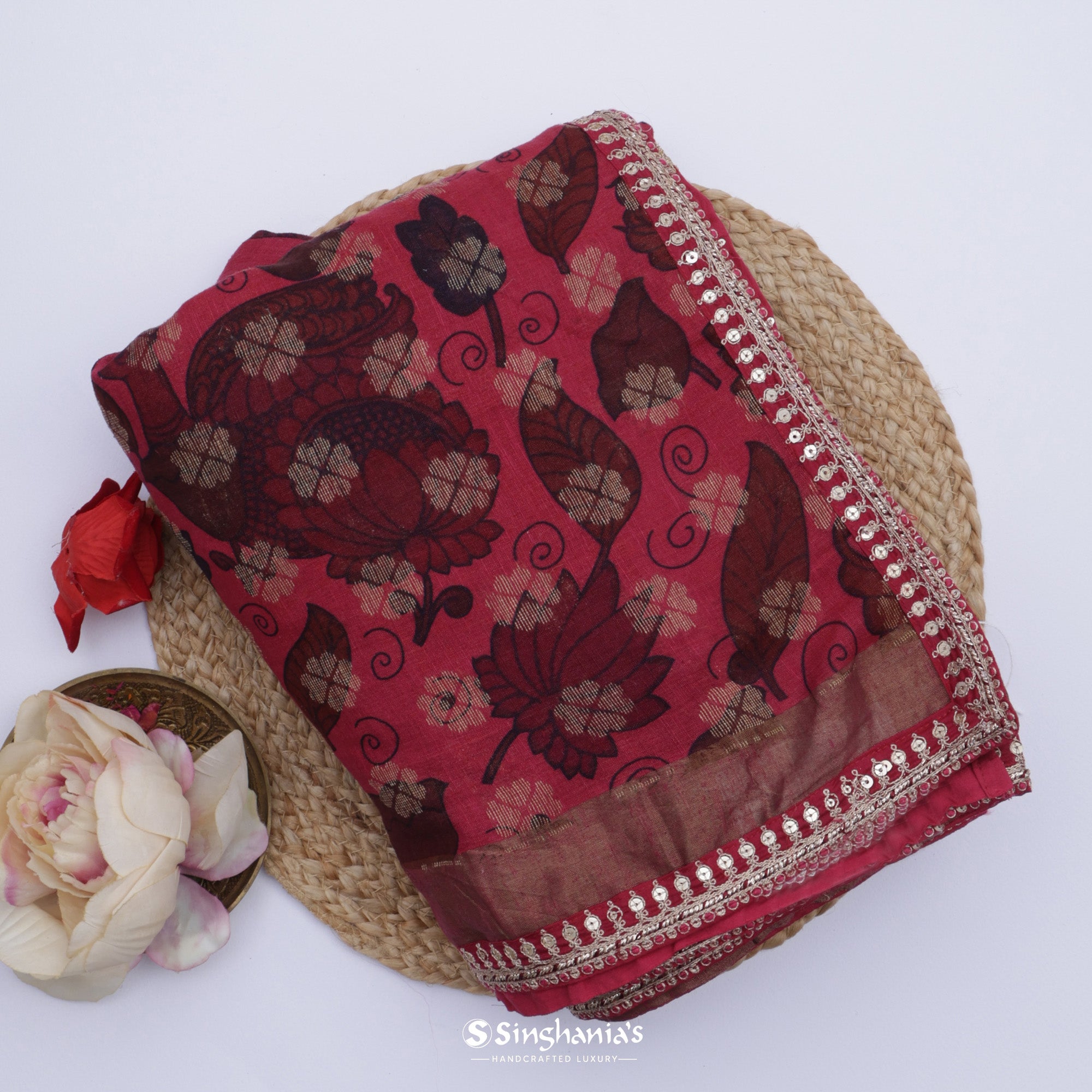 Sanguine Red Printed Matka Saree With Floral Pattern