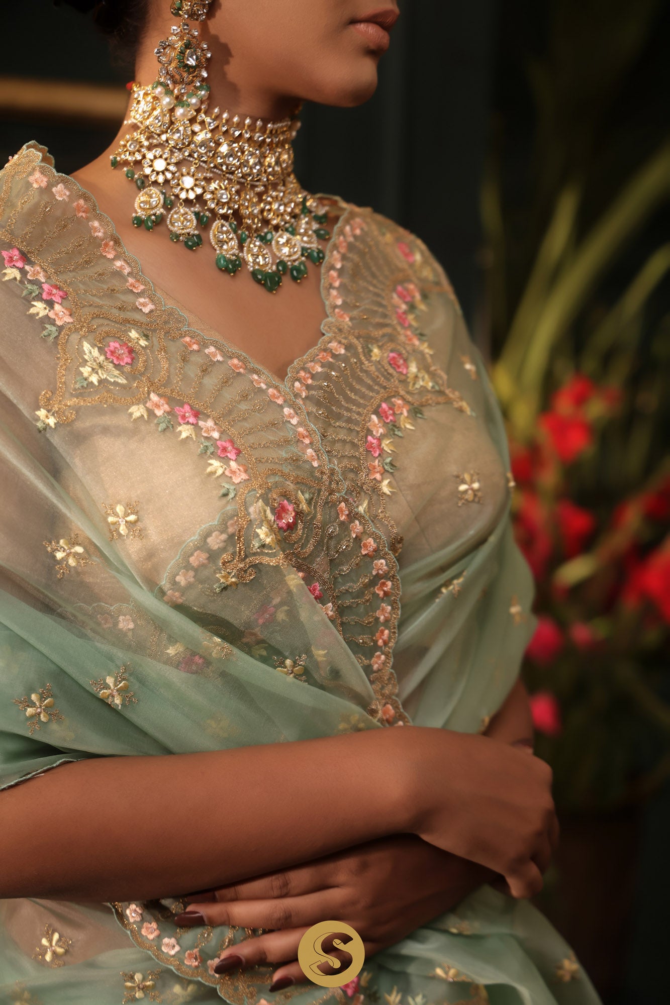 Sea Green Organza Designer Saree With Floral Embroidery