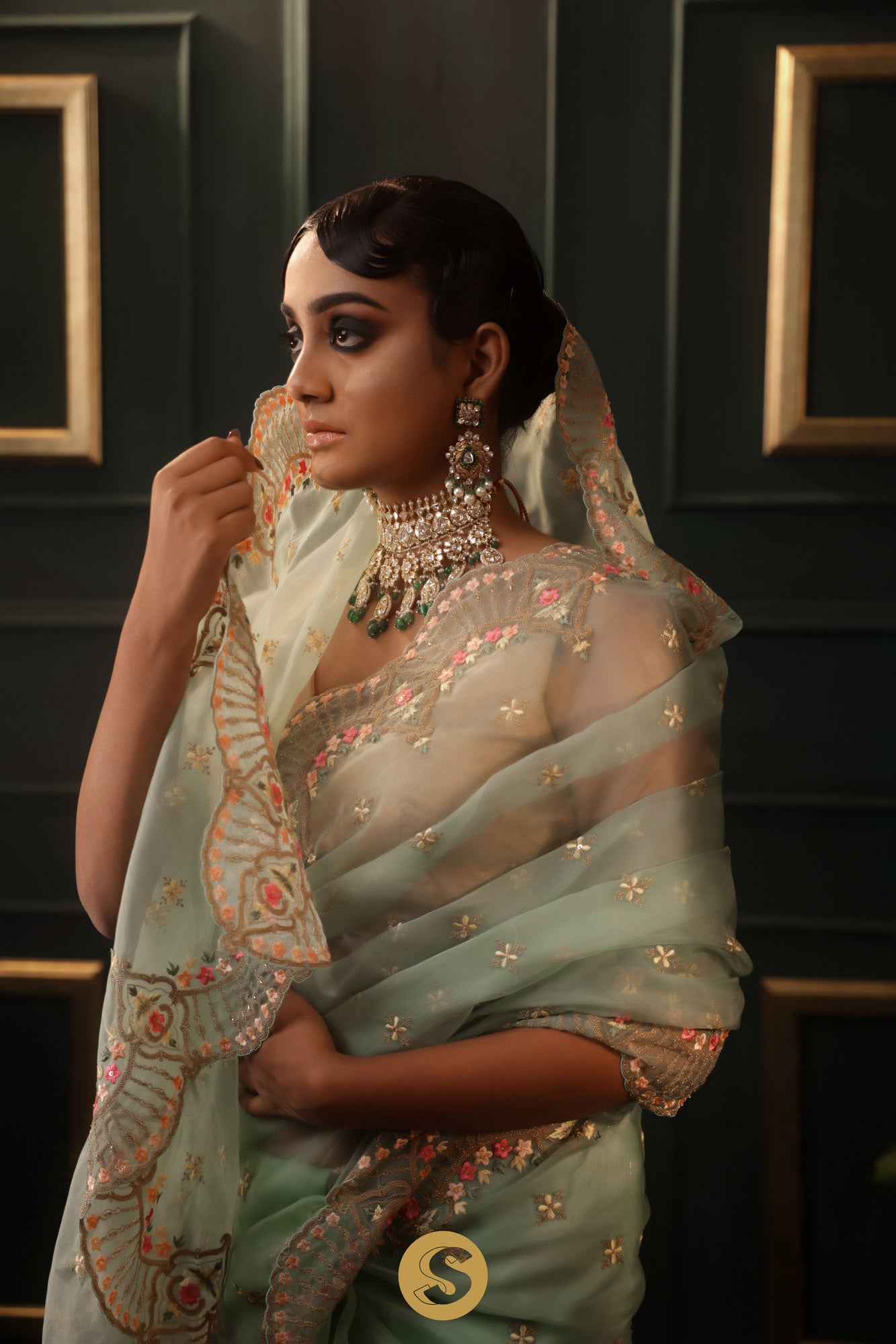 Sea Green Organza Designer Saree With Floral Embroidery