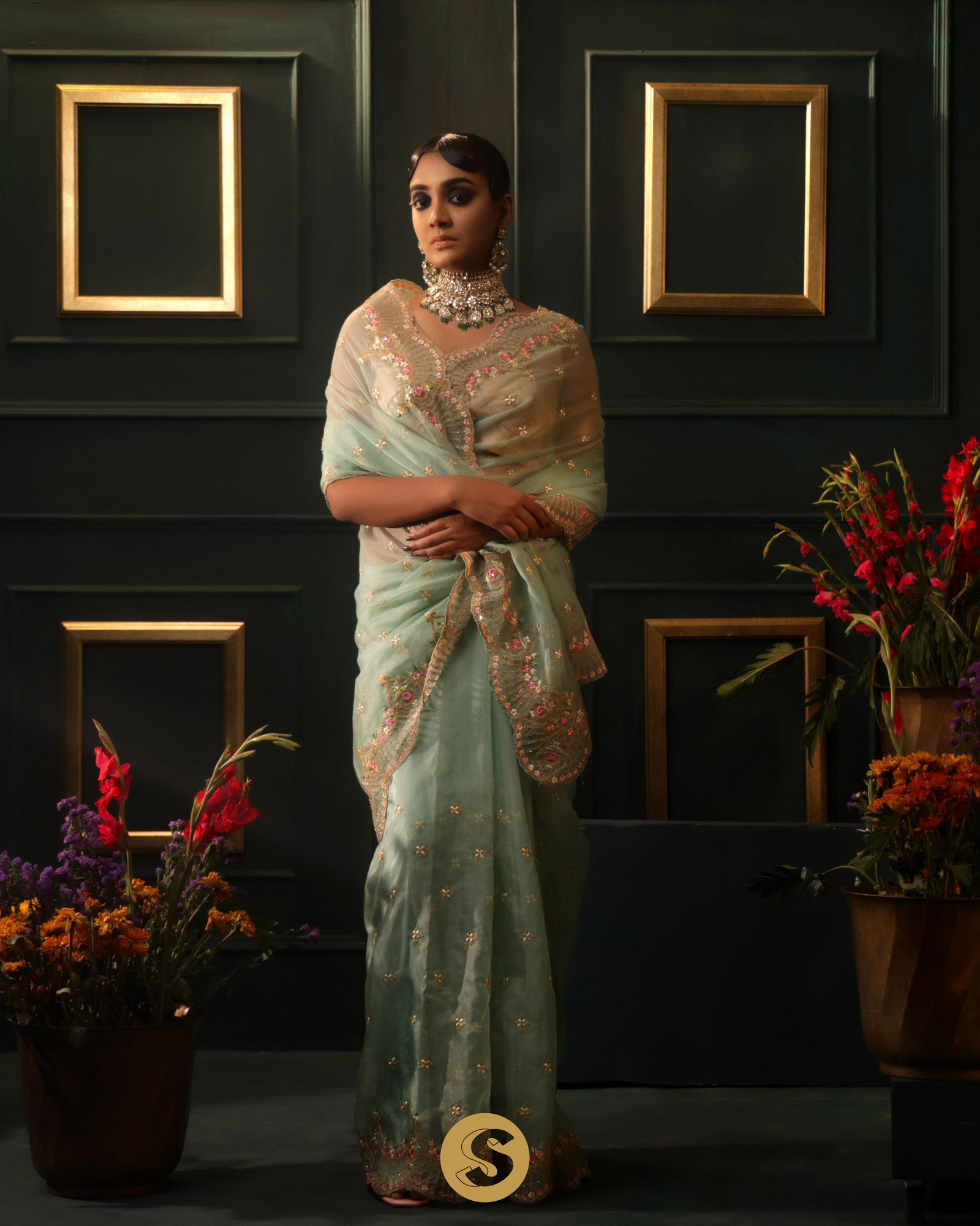 Sea Green Organza Designer Saree With Floral Embroidery