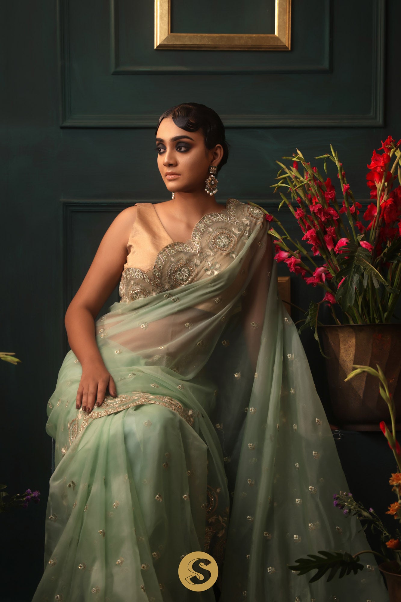 Sage Green Organza Designer Saree With Floral Embroidery