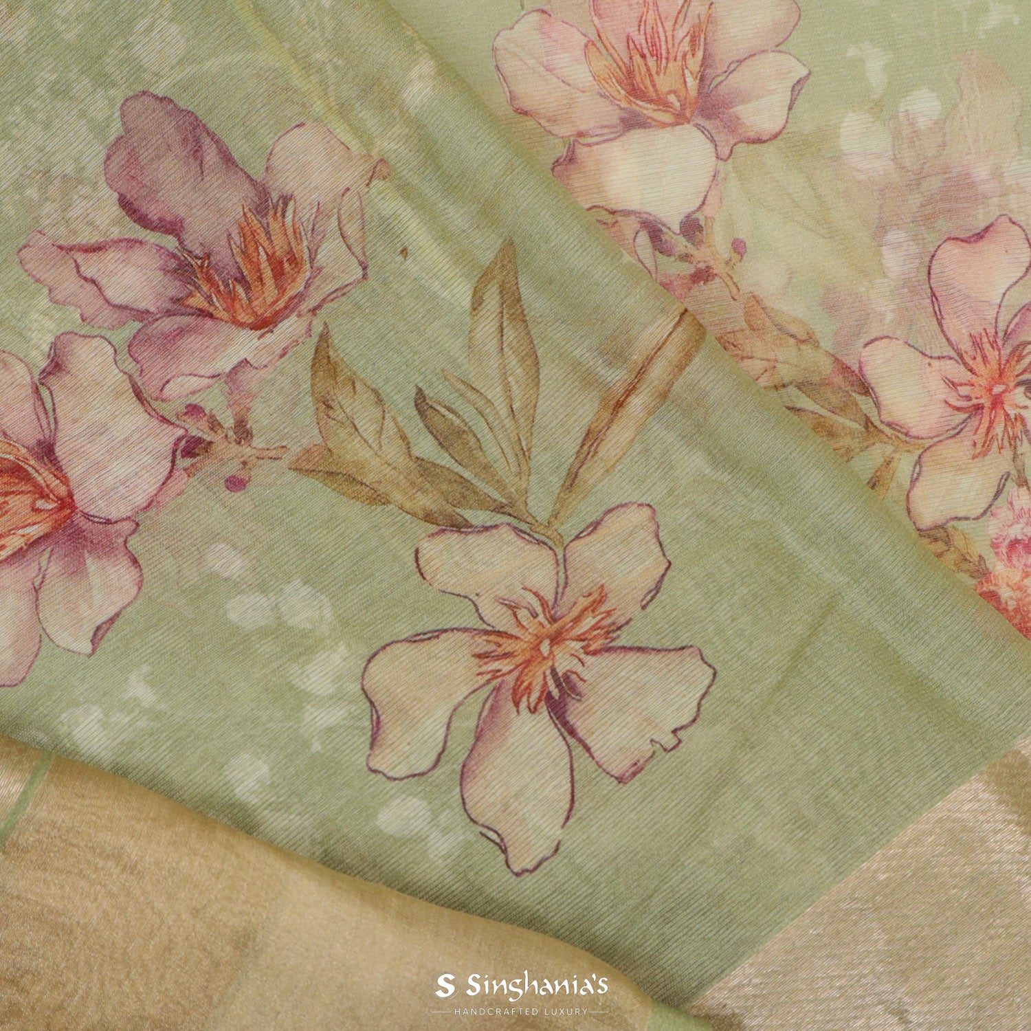 Light Pistachio Printed Maheshwari Saree With Floral Pattern