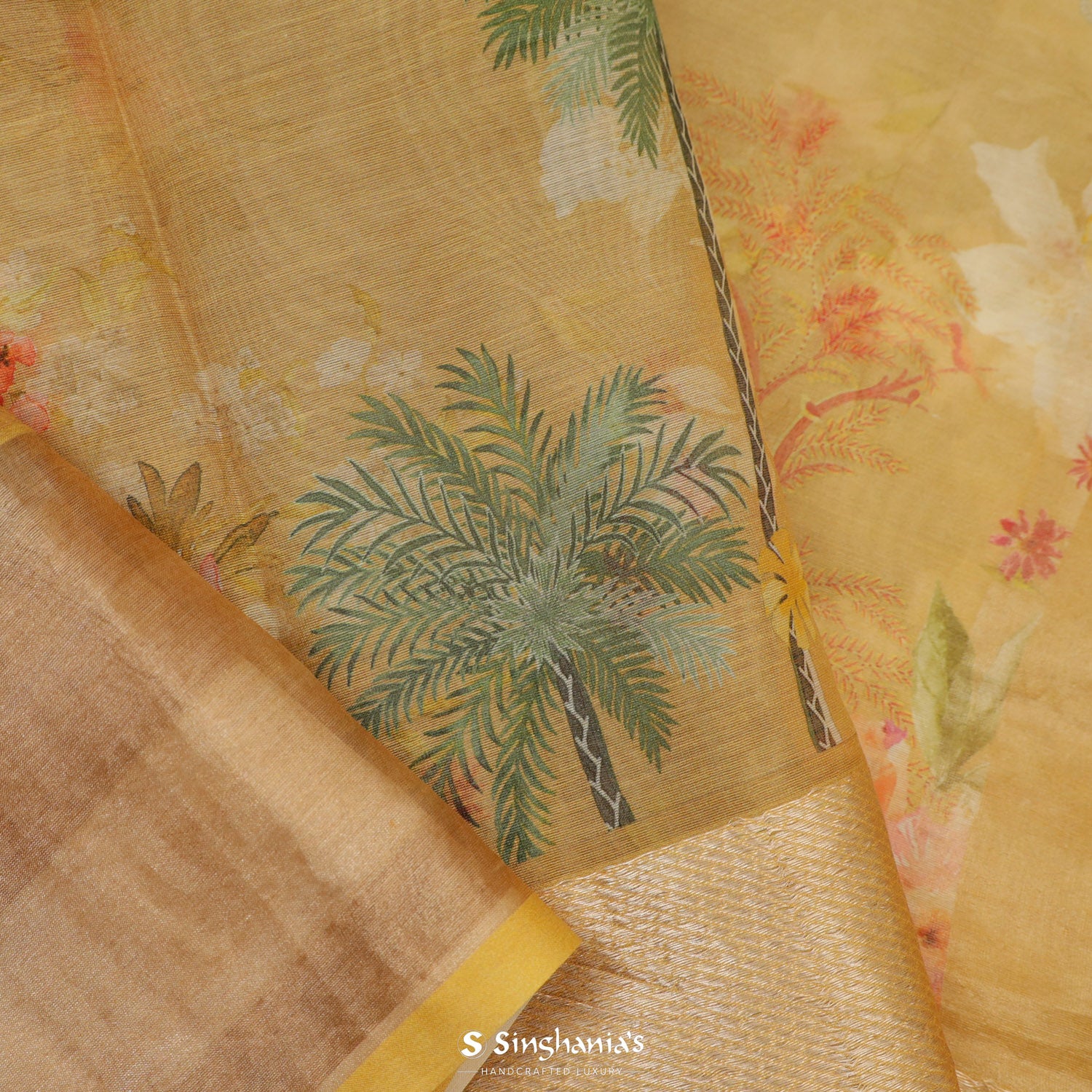 Goldenrod Printed Maheshwari Saree With Floral-Birds Pattern