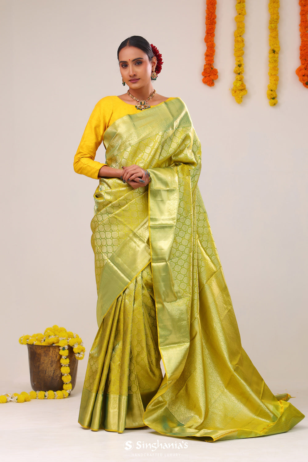 Apple Green Floral Kanjivaram Silk Saree