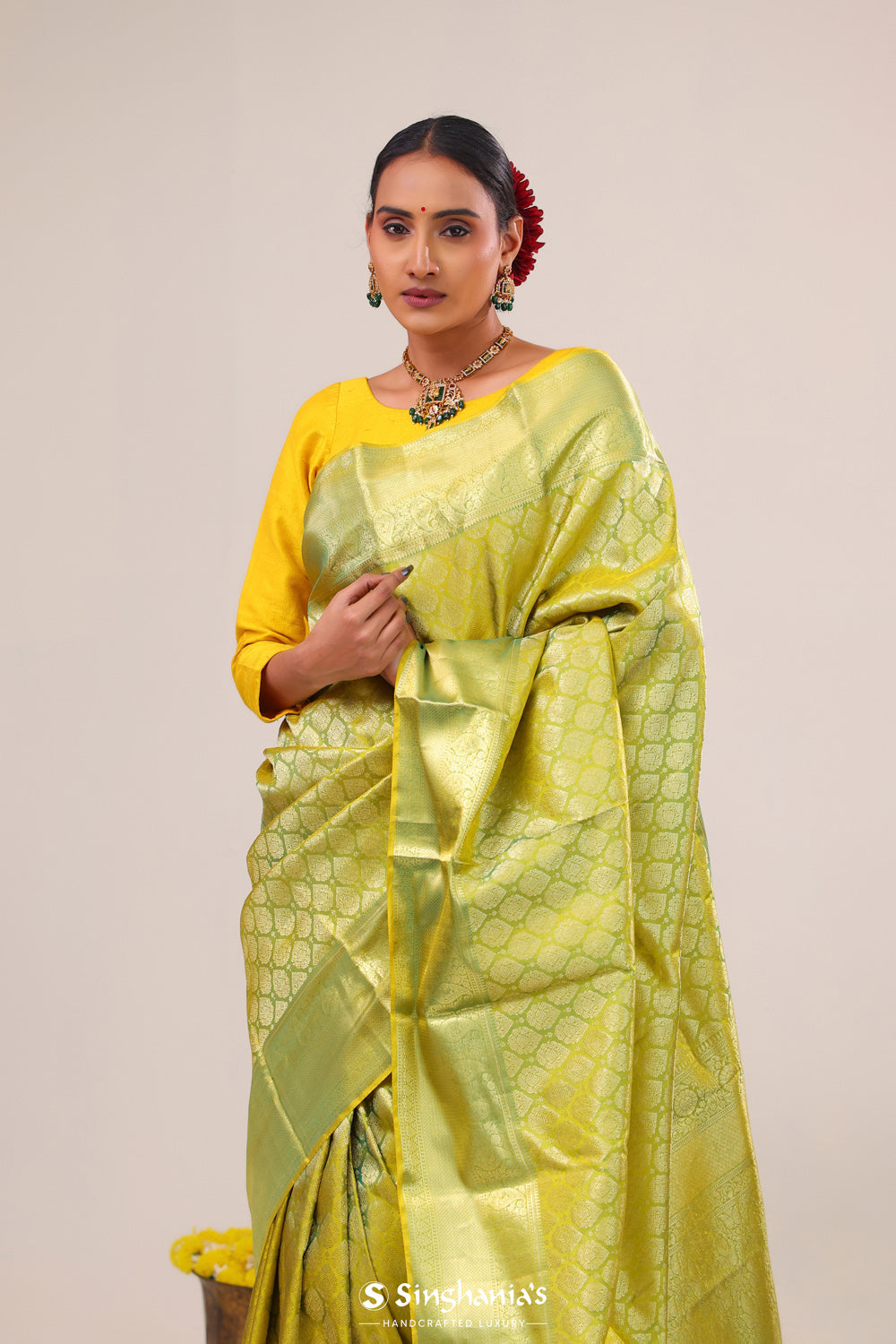 Apple Green Floral Kanjivaram Silk Saree