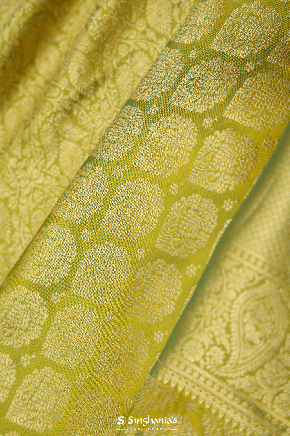 Apple Green Floral Kanjivaram Silk Saree