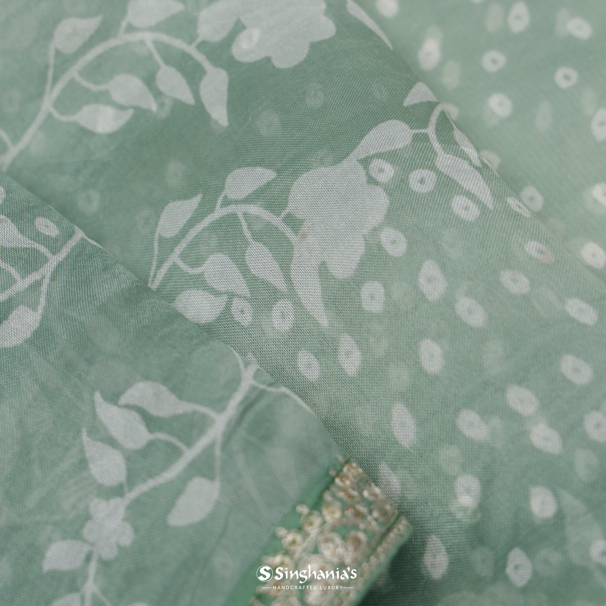 Russian Green Organza Saree With Floral Print