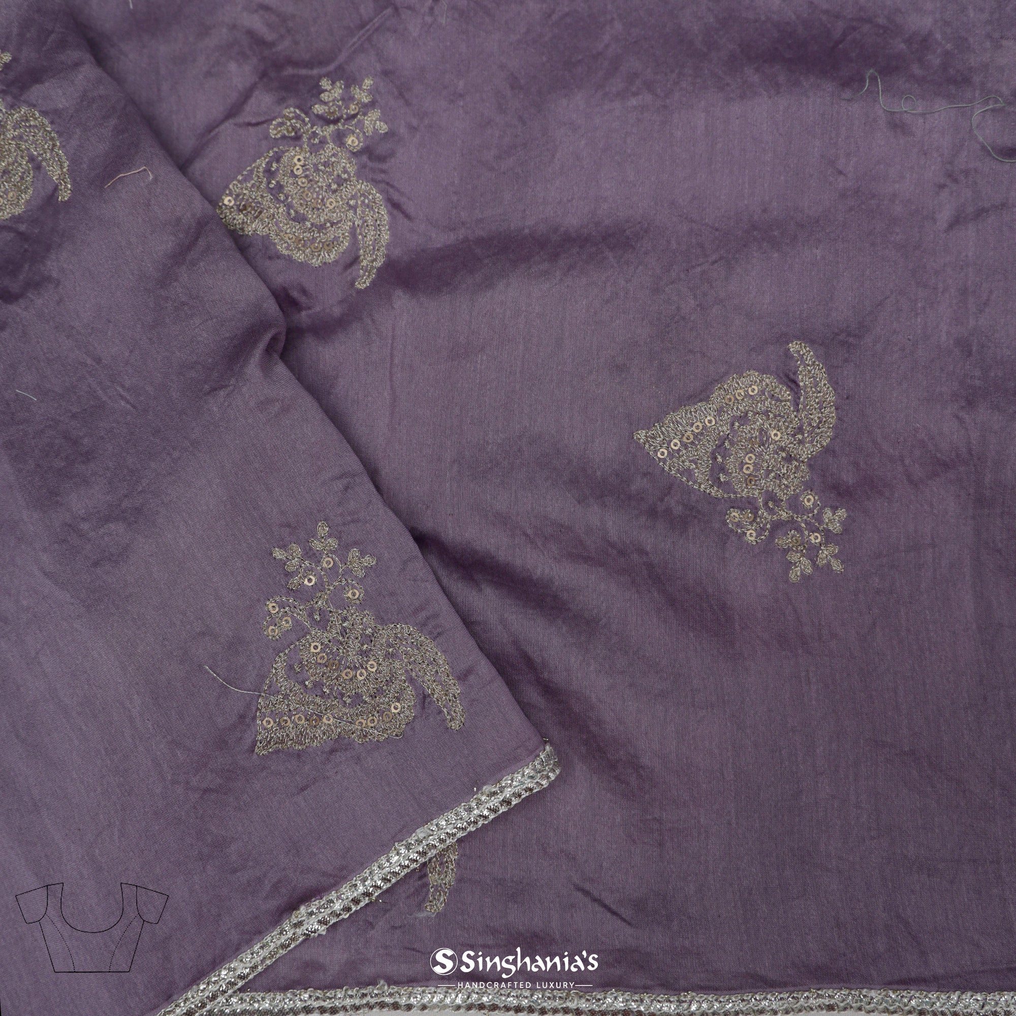 Heather Purple Printed Organza Saree With Mukaish Pattern