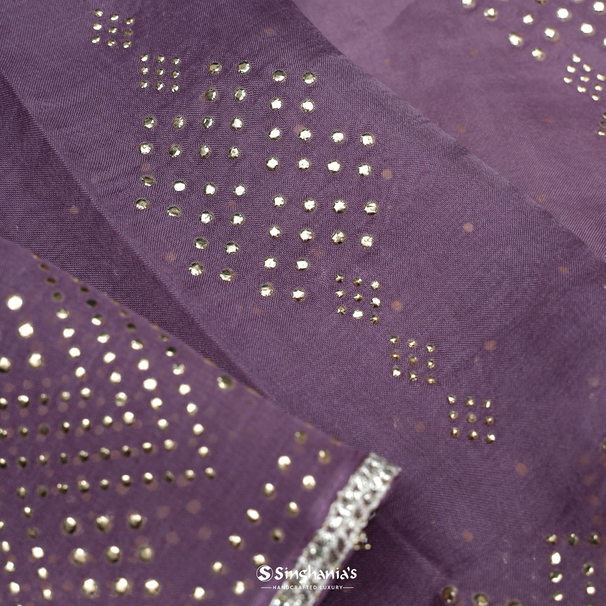 Heather Purple Printed Organza Saree With Mukaish Pattern