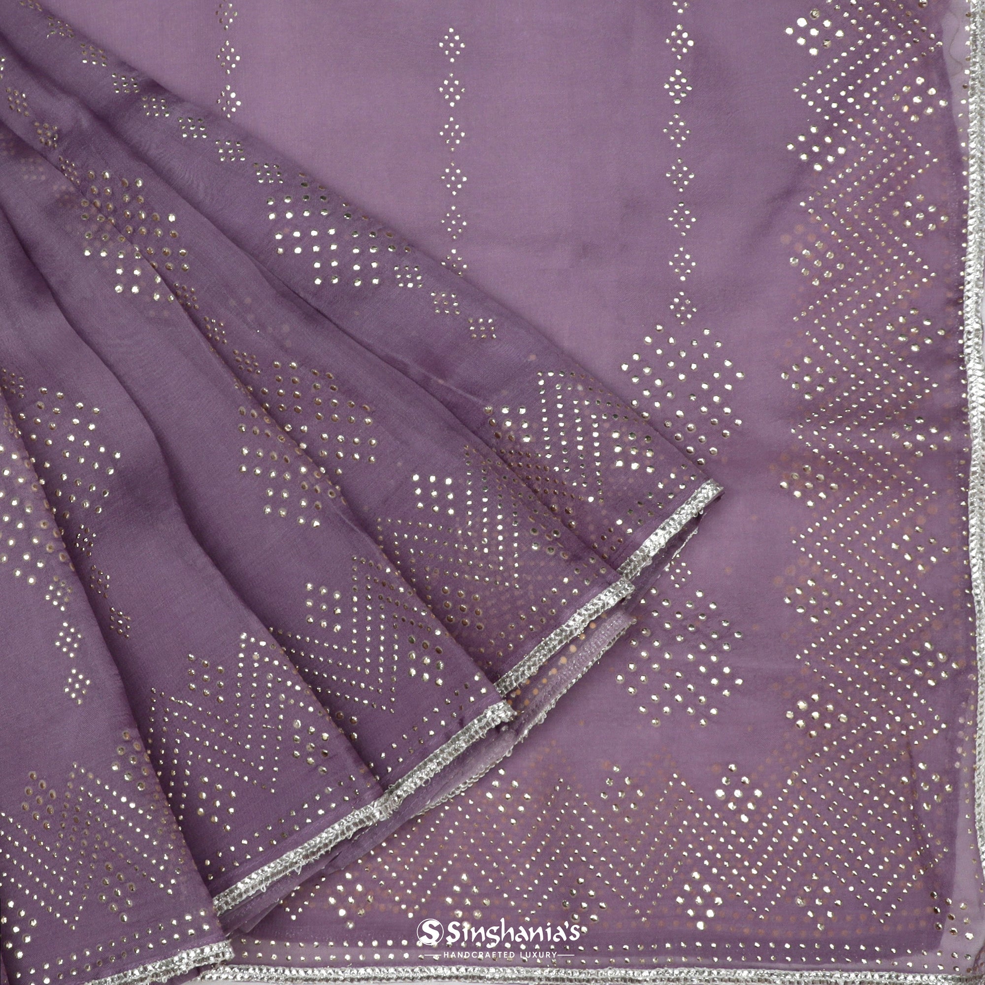 Heather Purple Printed Organza Saree With Mukaish Pattern