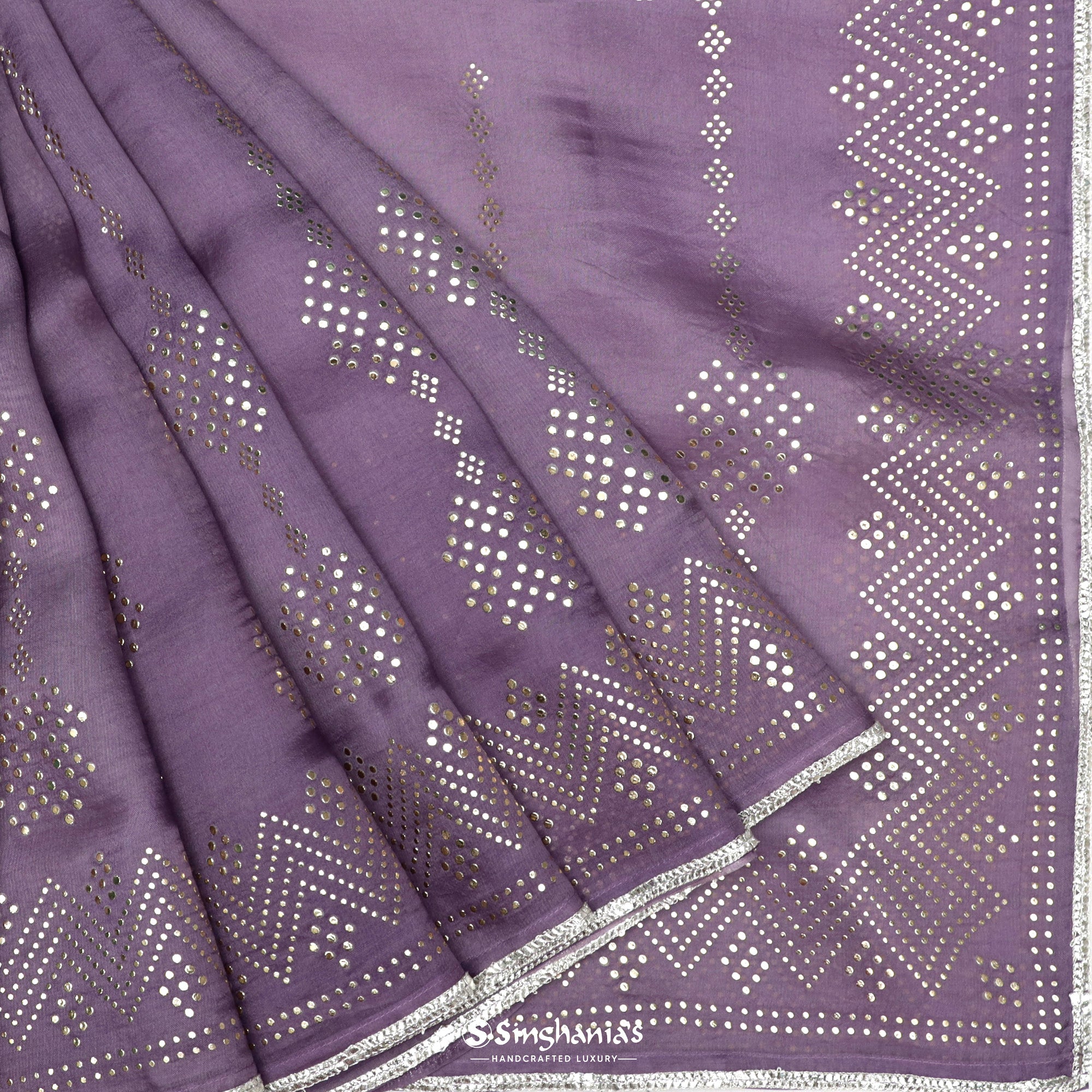 Carolina Plum Purple Printed Organza Saree With Mukaish Pattern
