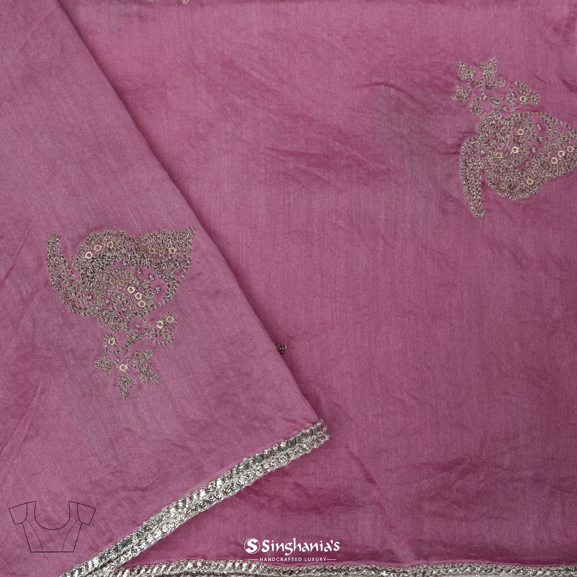 Wild Orchid Pink Printed Organza Saree With Mukaish Pattern