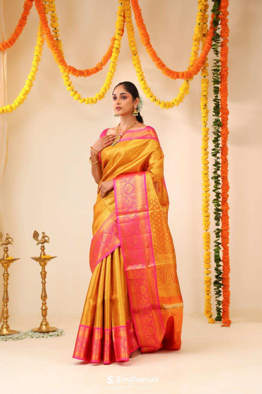 Golden Pink Tissue Kanjivaram Saree With Contrast Border