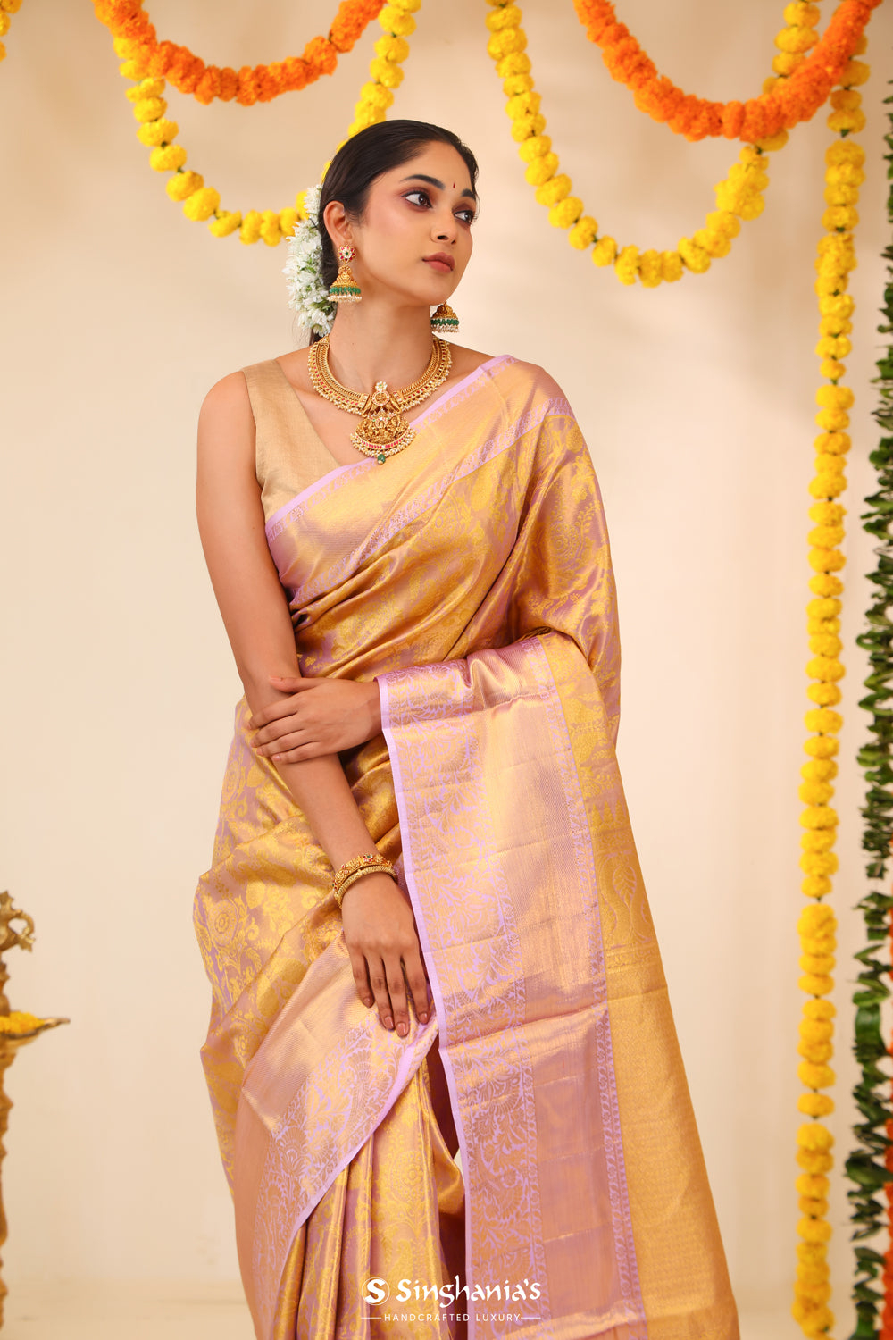 Mauve Gold Tissue Kanjivaram Saree With Floral Paisley Weave